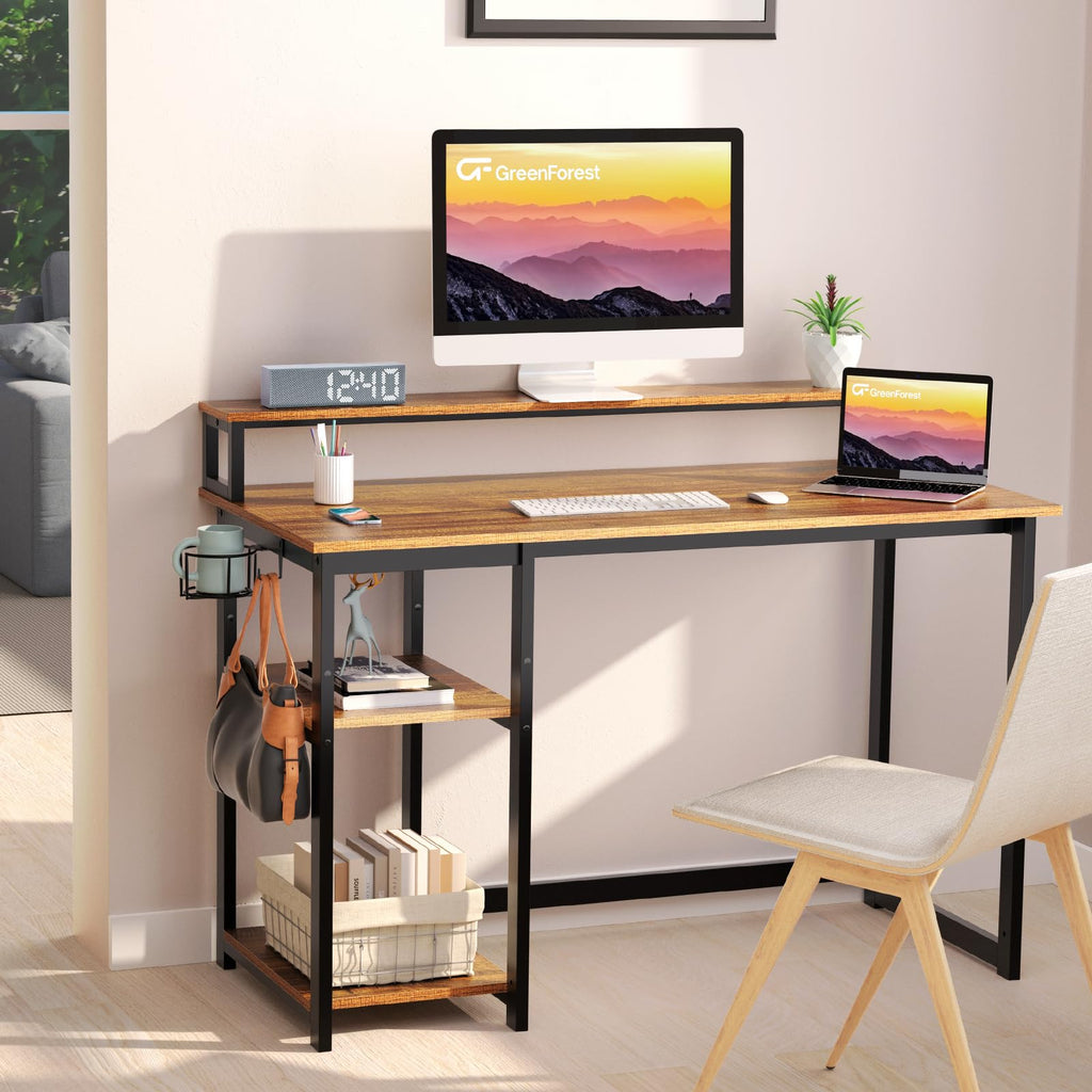 GreenForest 100cm Computer Desk with Monitor Stand & Storage Shelves