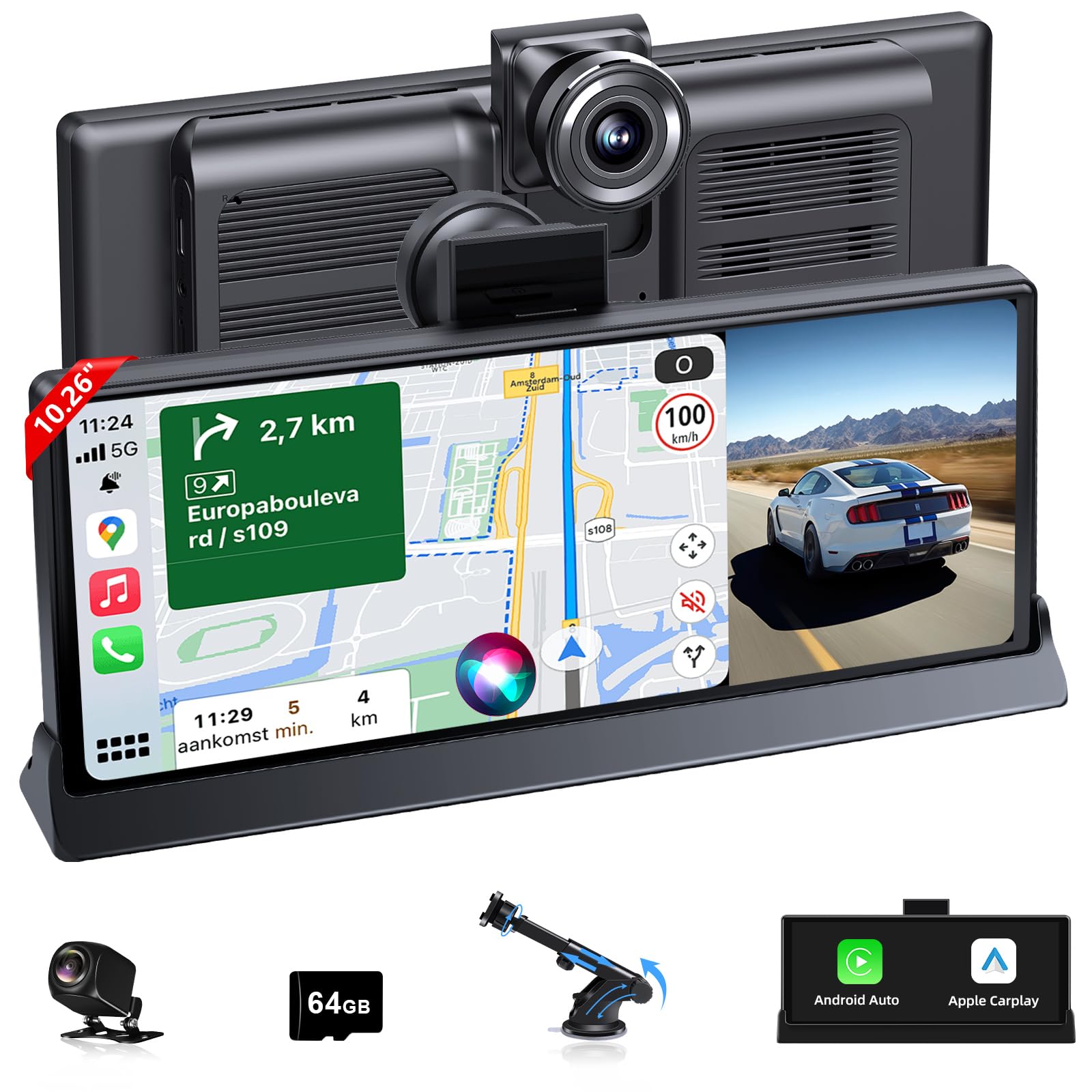 10.26" Portable Apple CarPlay Screen with Dash Cam & GPS