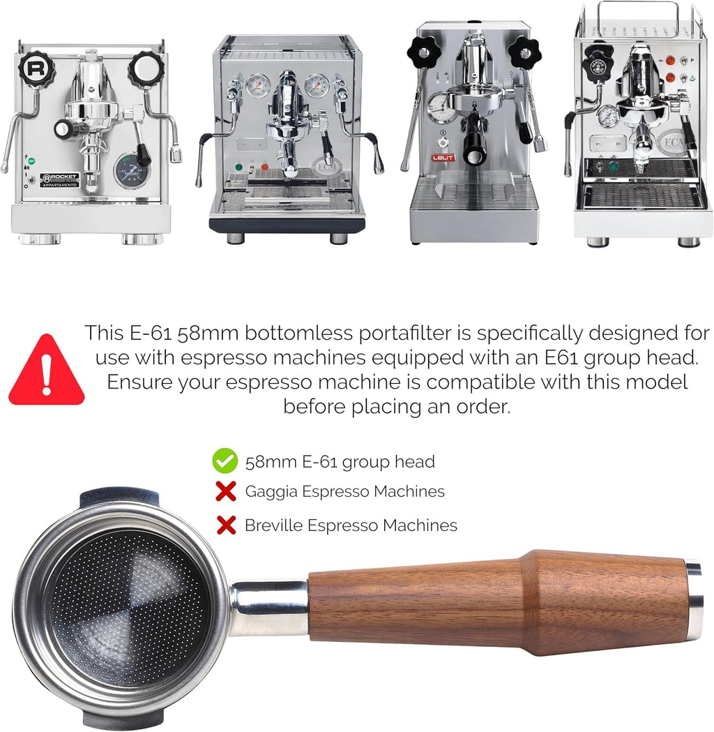 KNODOS Bottomless Naked Portafilter | Walnut Handle | E61 58mm Grouphead