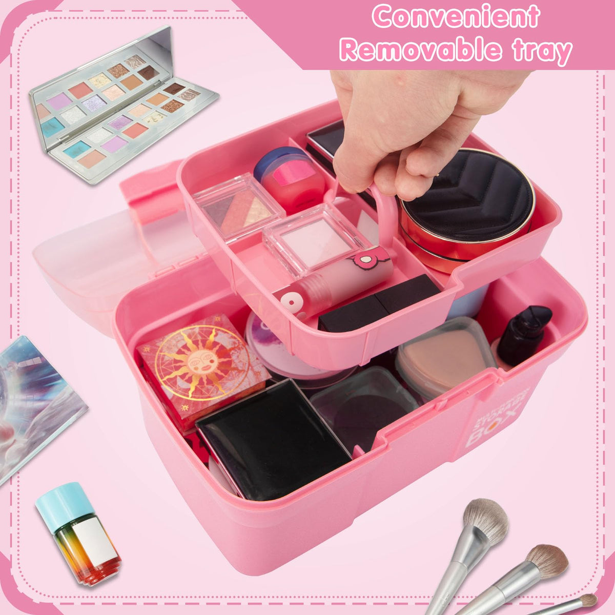 Creahaus 11in Multipurpose Storage Box with Removable Tray, Plastic Small Storage Box with Handle, Portable Art Craft Organizer Case for Sewing - image 5