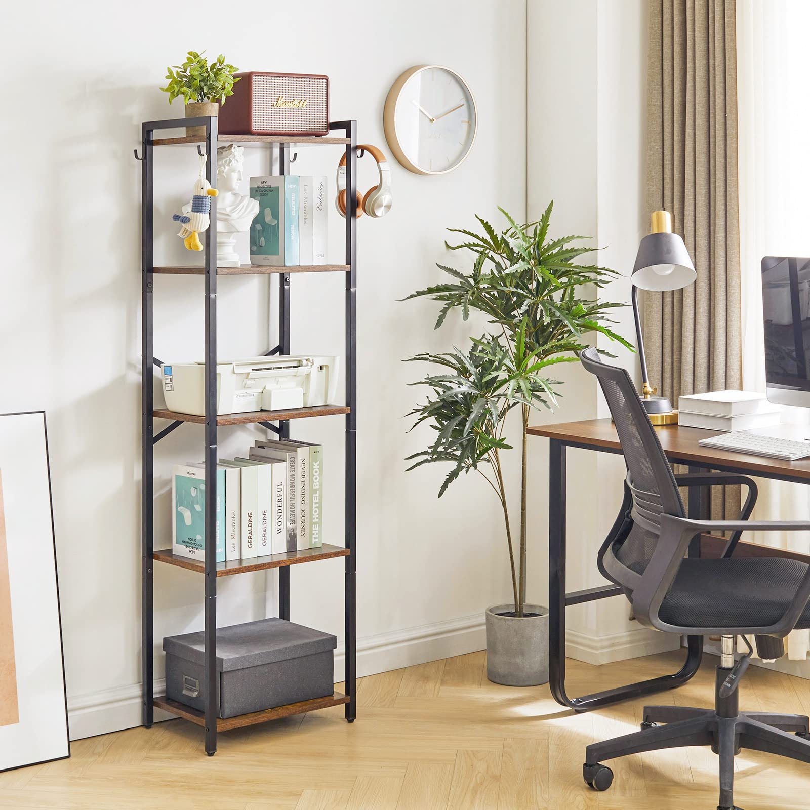 YMYNY 5-Tier Industrial Bookshelf – Rustic Brown Storage Rack