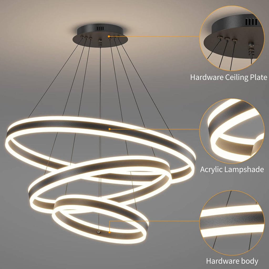 Mikeru 3-Ring LED Pendant Light – Dimmable Modern Chandelier, 20+40+60cm