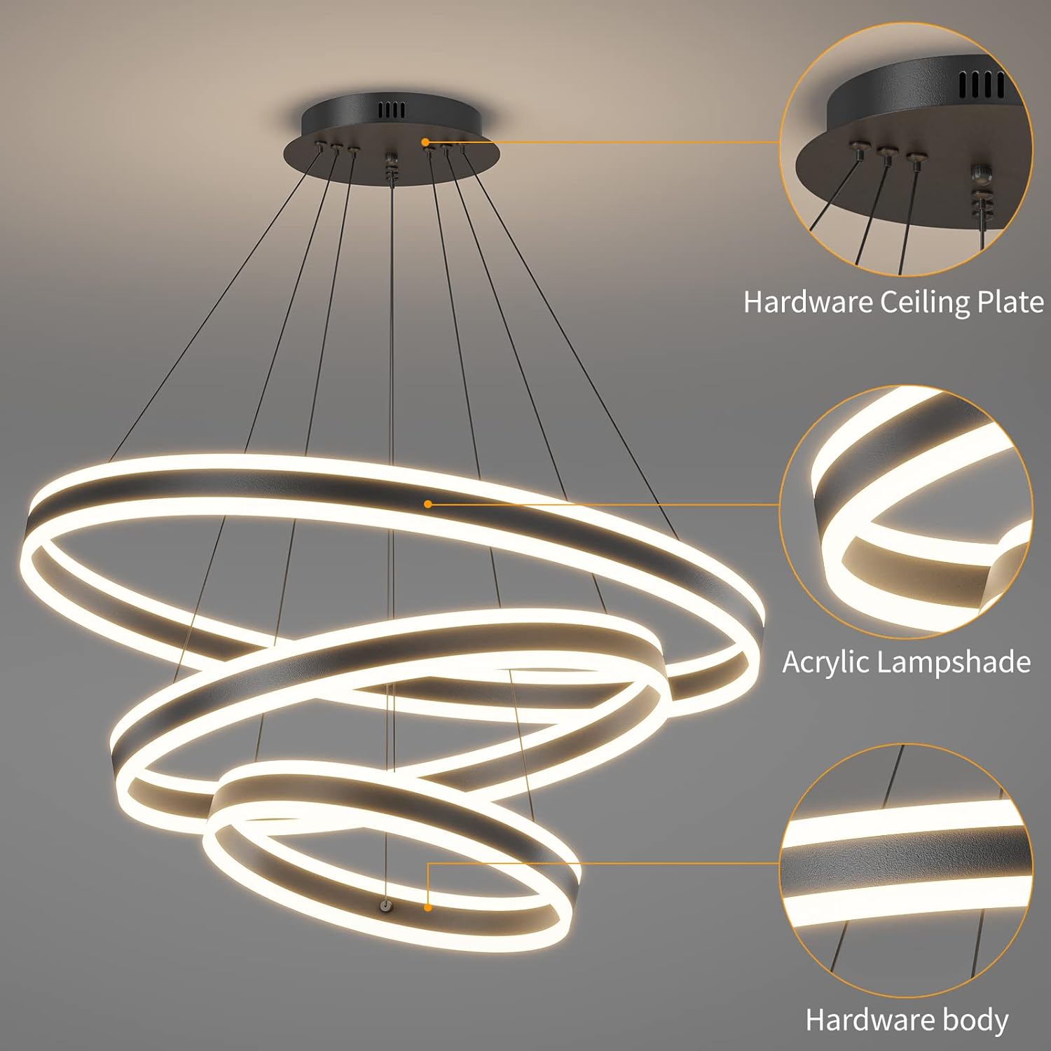 Mikeru 3-Ring LED Pendant Light – Dimmable Modern Chandelier, 20+40+60cm
