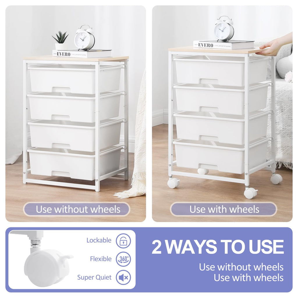 SYKIARIOL 4-Drawer Rolling Storage Cart with Wooden Top | Bright White