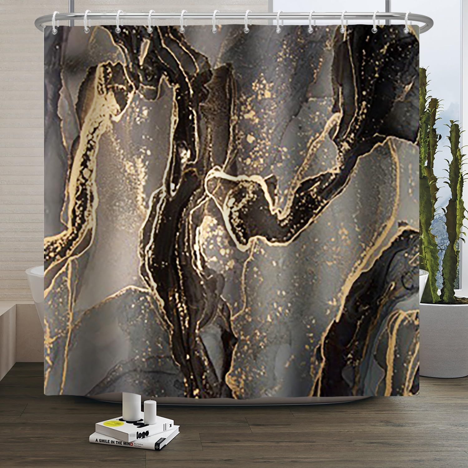 Marble Shower Curtain – Gold & Grey Waterproof Polyester