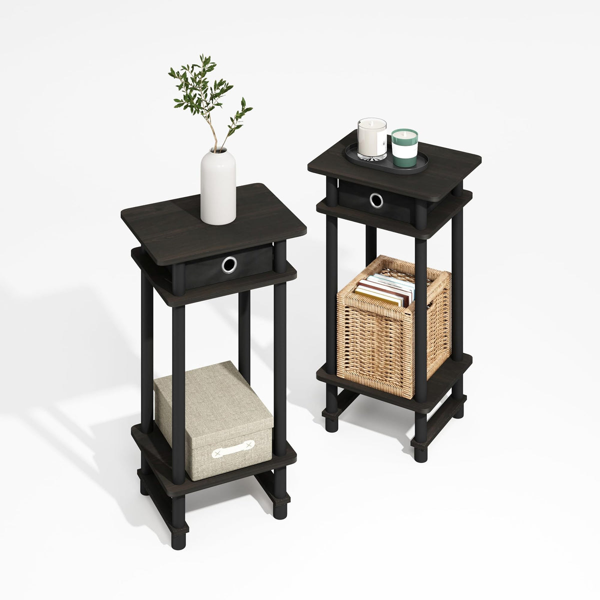Furinno MODERN Side Table Set of 2, 3-Tier End Table with Storage Bin, Open Shelf Night Stand, Bedside Table, for Living Room, Bedroom, Black Espresso - image 3