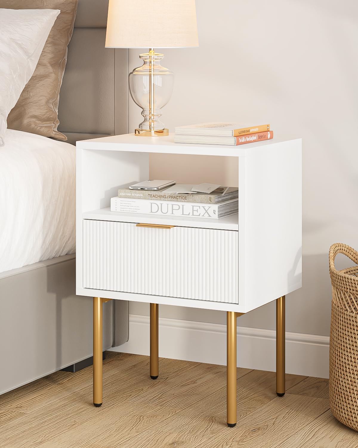 HEYZOEY White Wooden Nightstand – Modern Bedside Table with Gold Frame