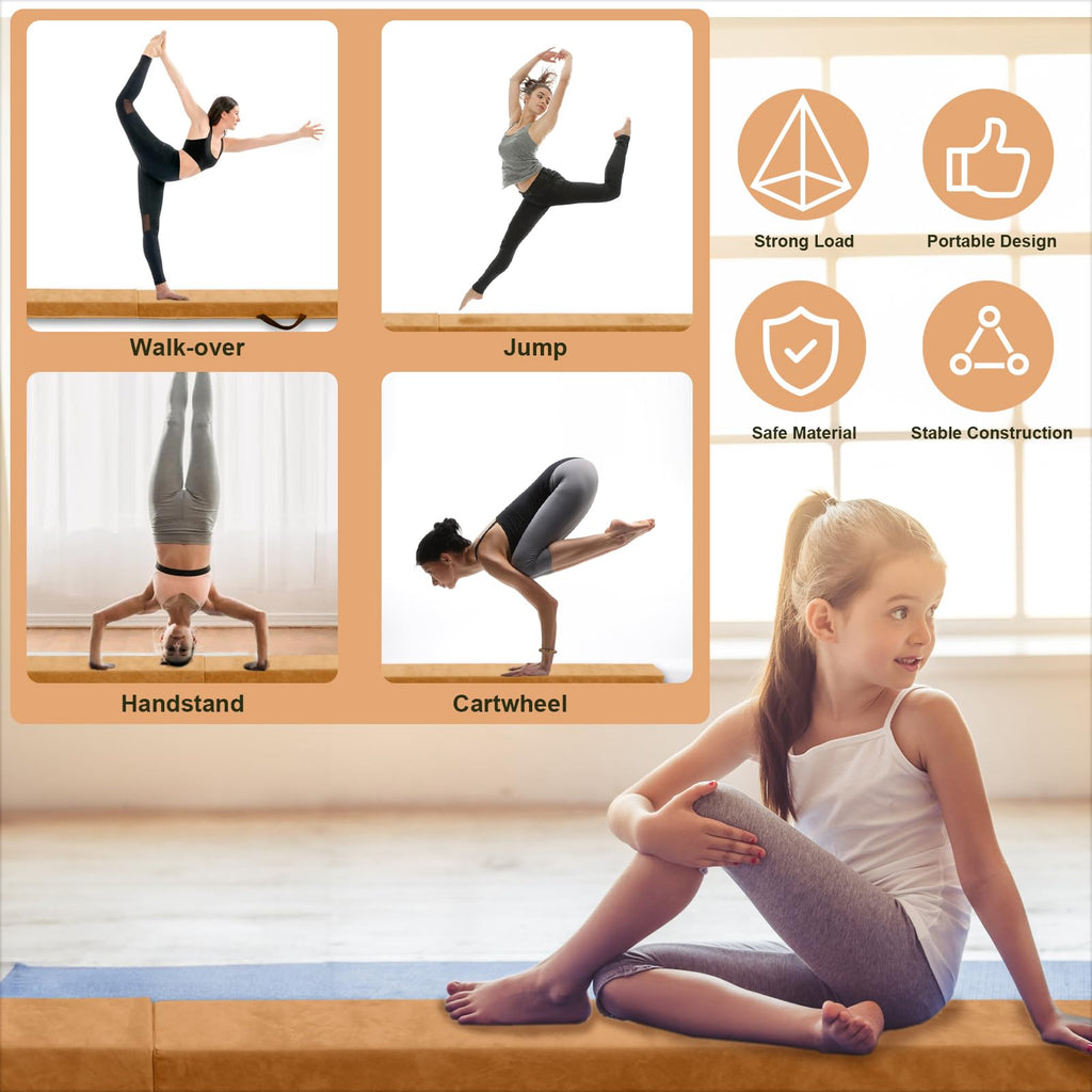 FBSPORT 270cm Folding Gymnastics Balance Beam – Suede Floor Beam, Brown