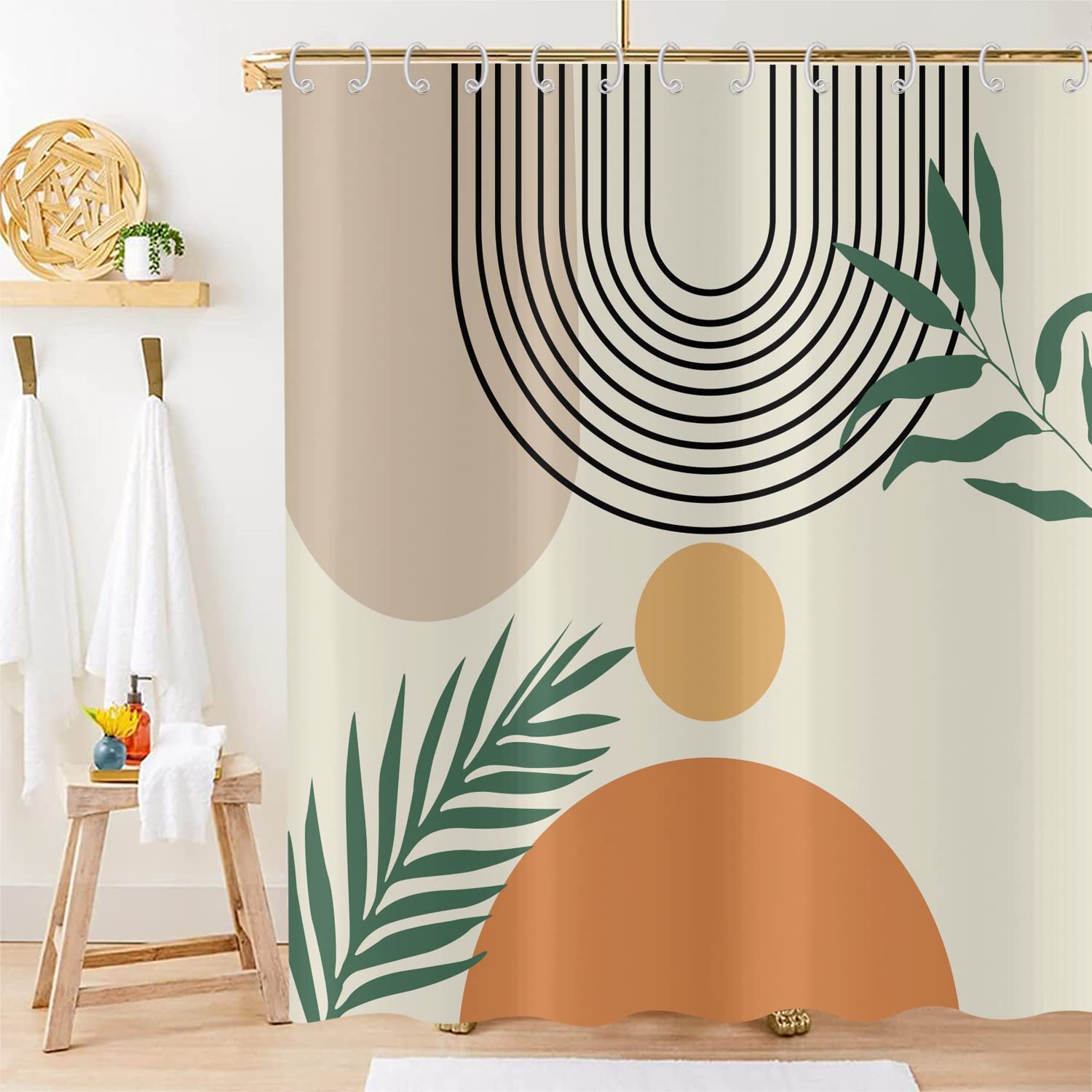 Hnmdmyi Boho Shower Curtain | Mid Century Abstract Leaf Fabric, 71x71