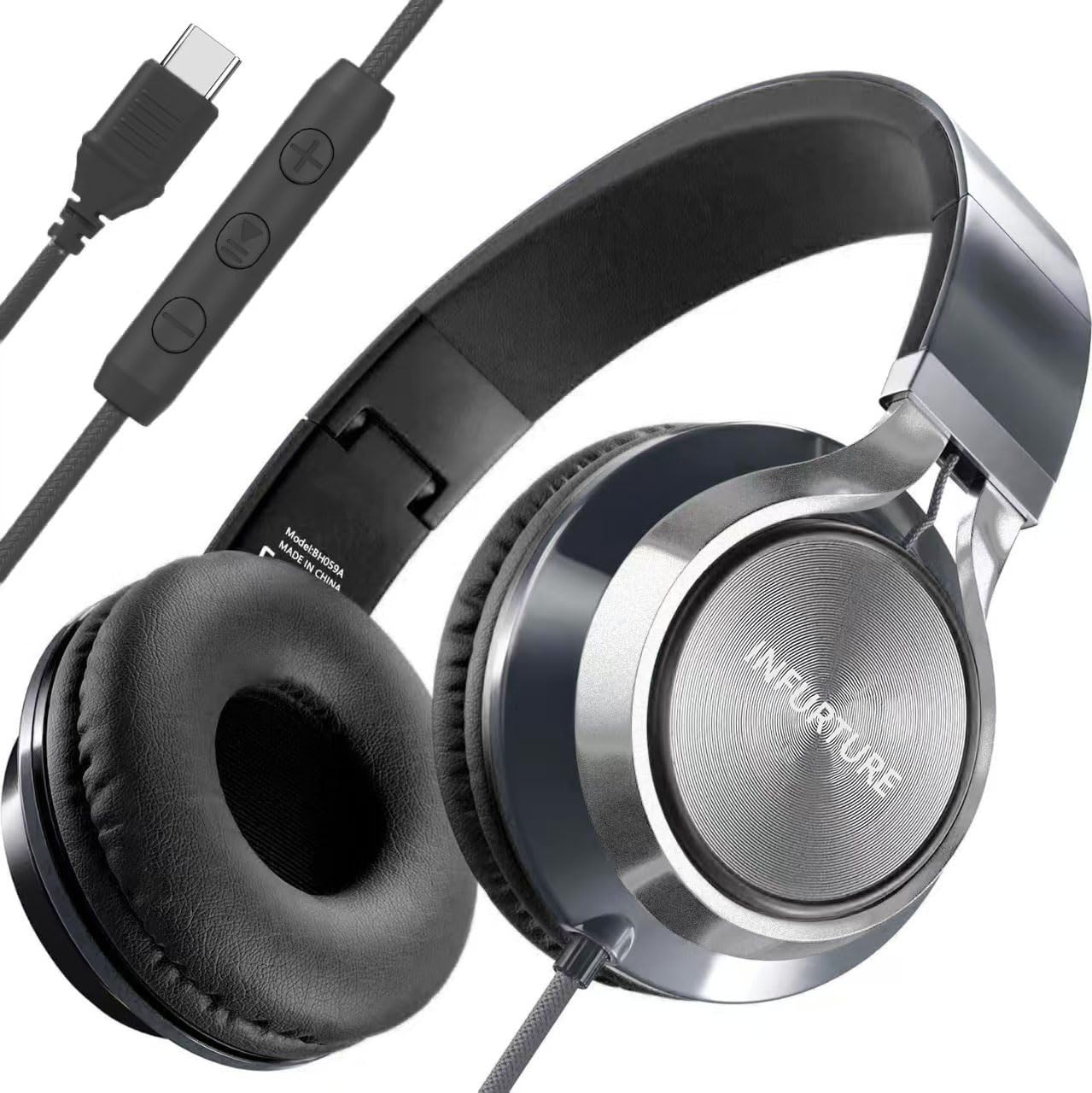 INFURTURE USB C Wired Over Ear Headphones with Mic - Foldable Black