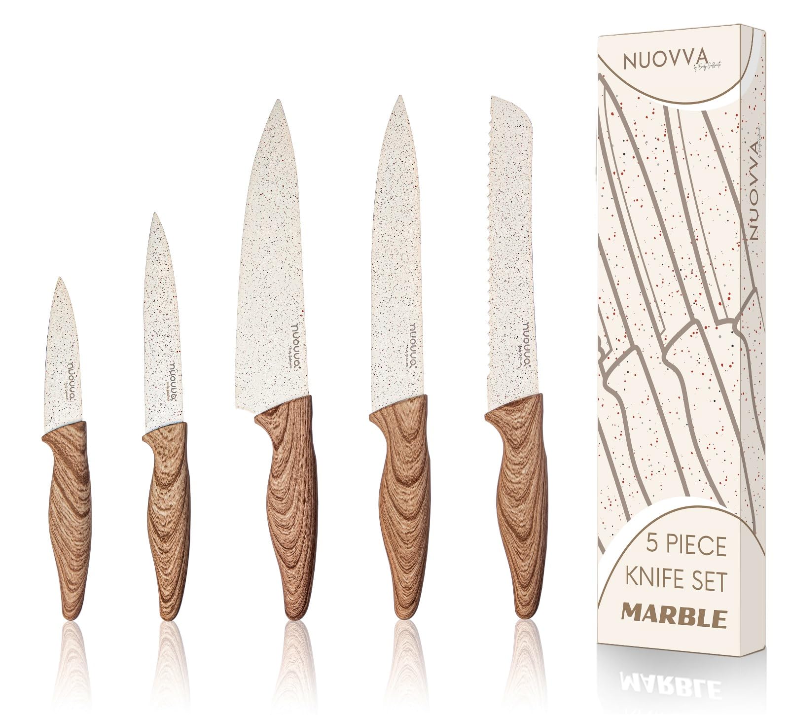 Nuovva 5-Piece Kitchen Knife Set – Cream Granite Non-Stick Stainless Steel