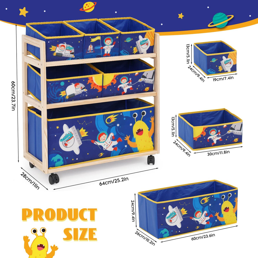 NUKied 3-Tier Wooden Kids Toy Storage Organizer with Wheels & 6 Bins