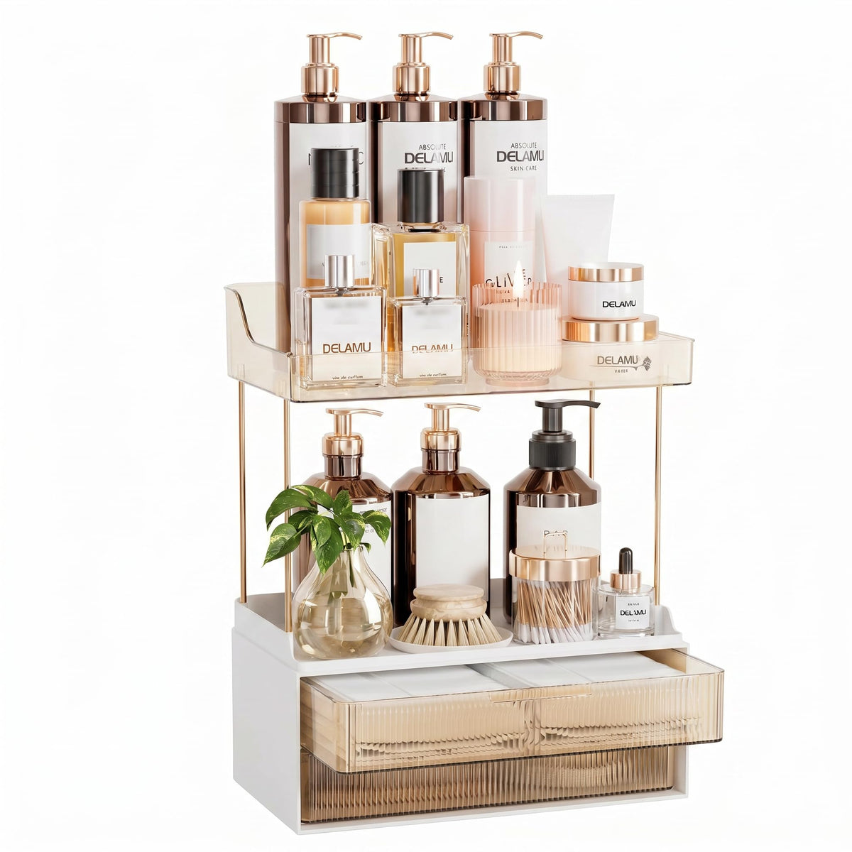 Delamu Makeup Organiser, 2 Tier 2 Drawer Large Cosmetic Storage, Multi-Purpose Vanity Organizer for Makeup Brushes, Skincare, Perfume
