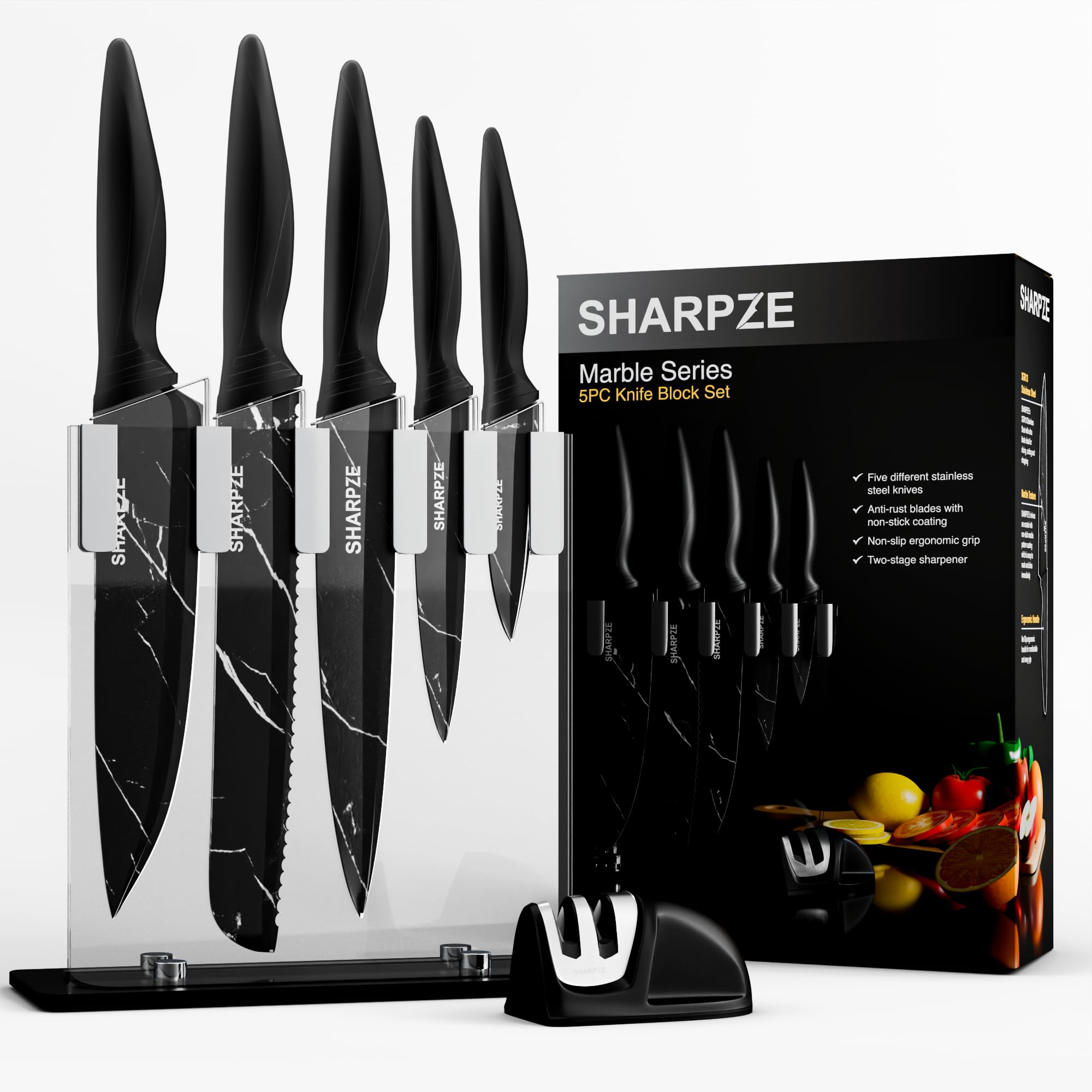 Jolof Store 7-Piece Carbon Steel Kitchen Knife Set with Block & Sharpener