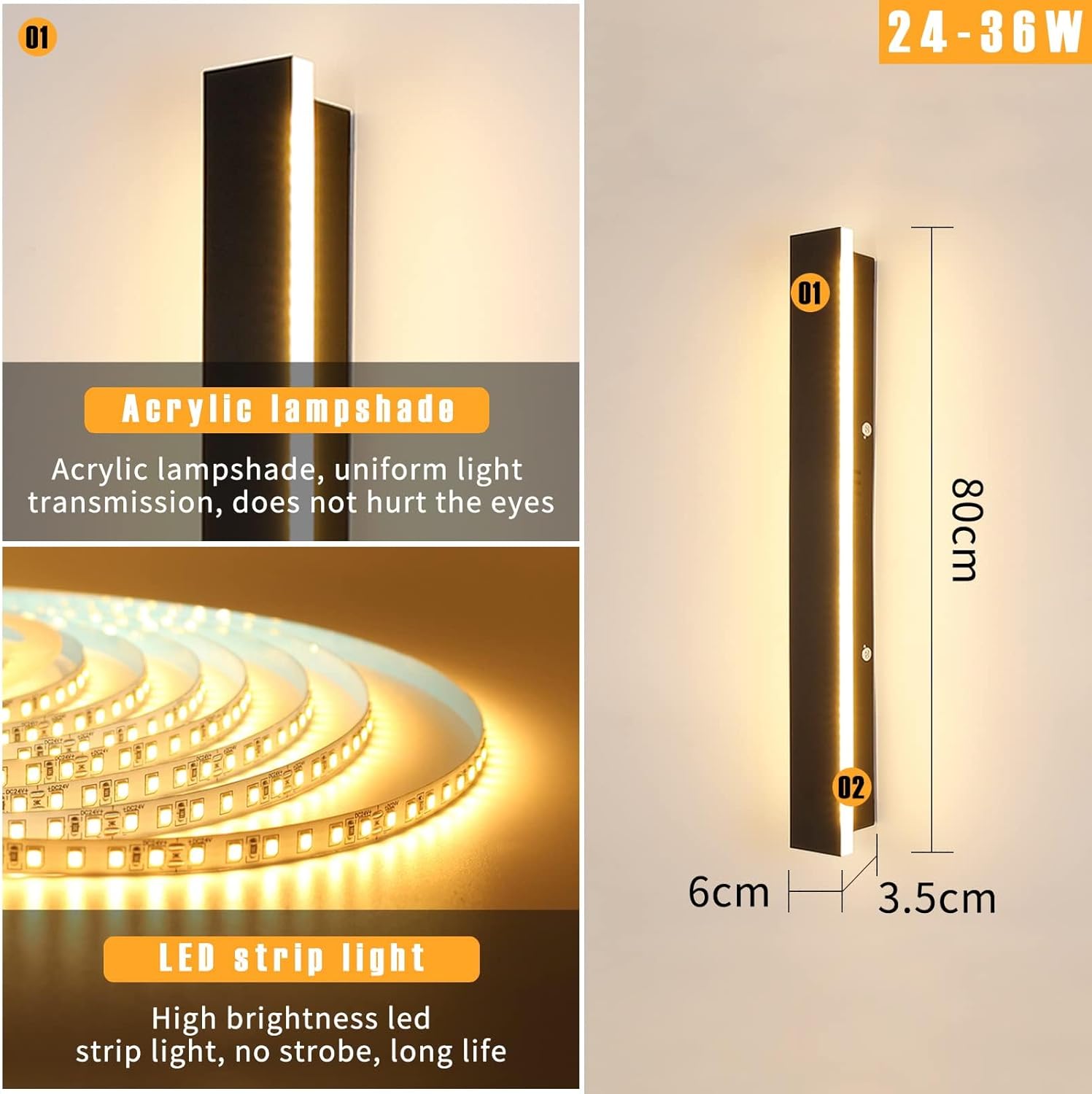 Mikeru 80cm LED Outdoor Wall Light – IP65 Rainproof 3-Color Modern Sconce