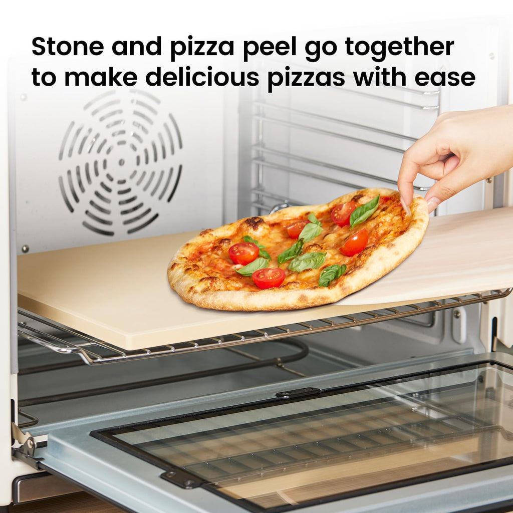 ROCKSHEAT Cordierite Pizza Stone Set with Wooden Peel & Oven Mitts