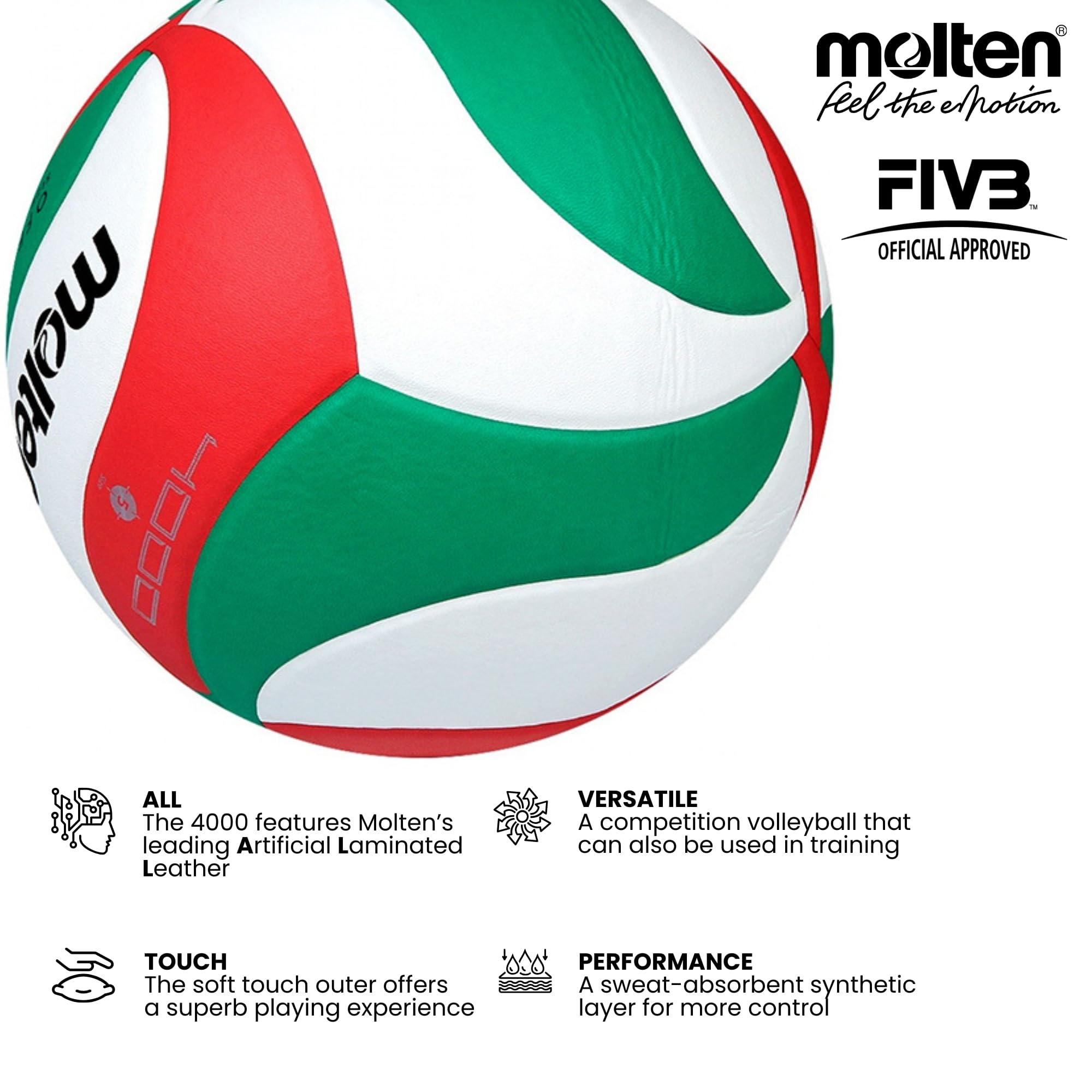 Molten V5M4000 Indoor Volleyball – Size 5 Synthetic Leather - White
