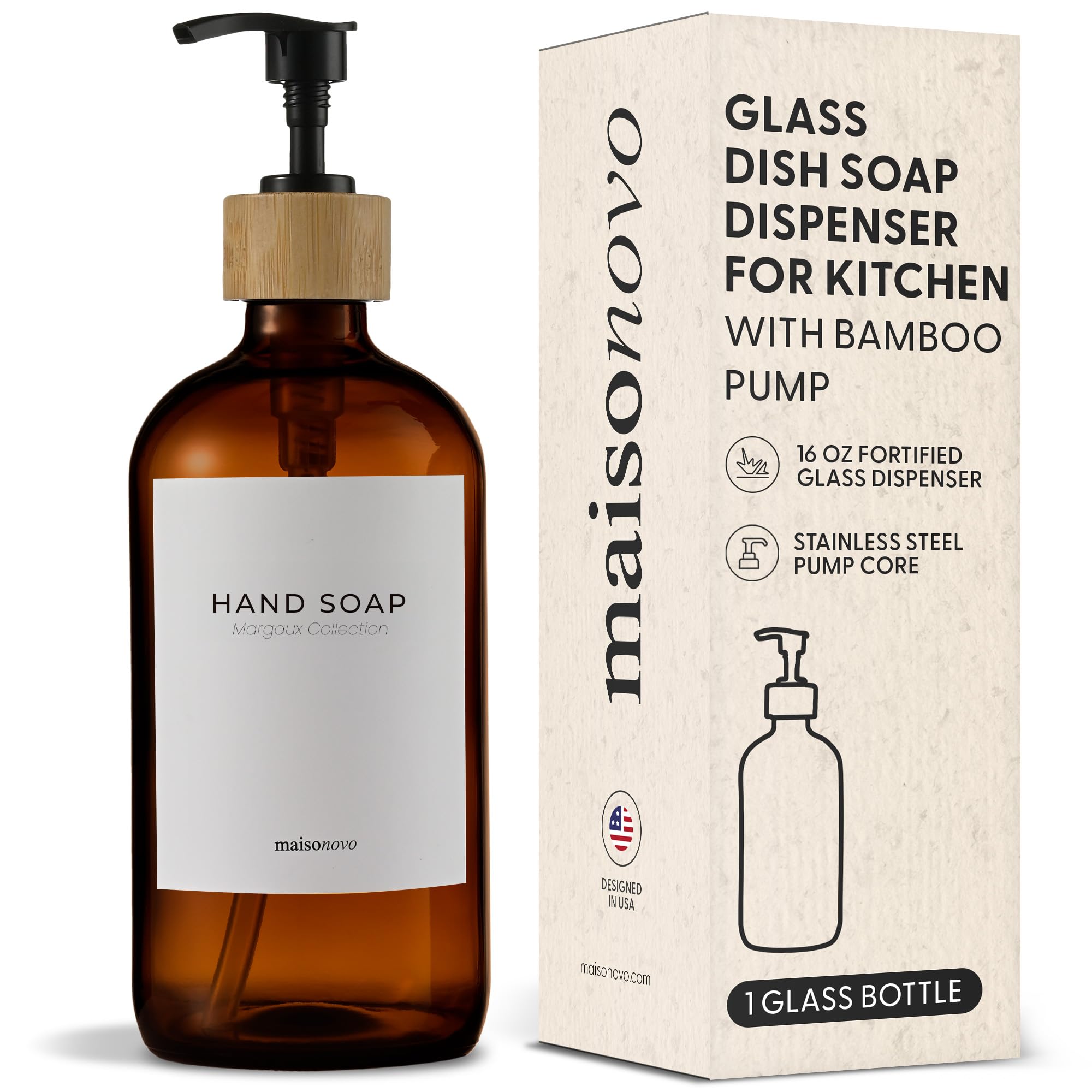 MaisoNovo Amber Glass Soap Dispenser | 500ml Bottle with Black Bamboo Pump