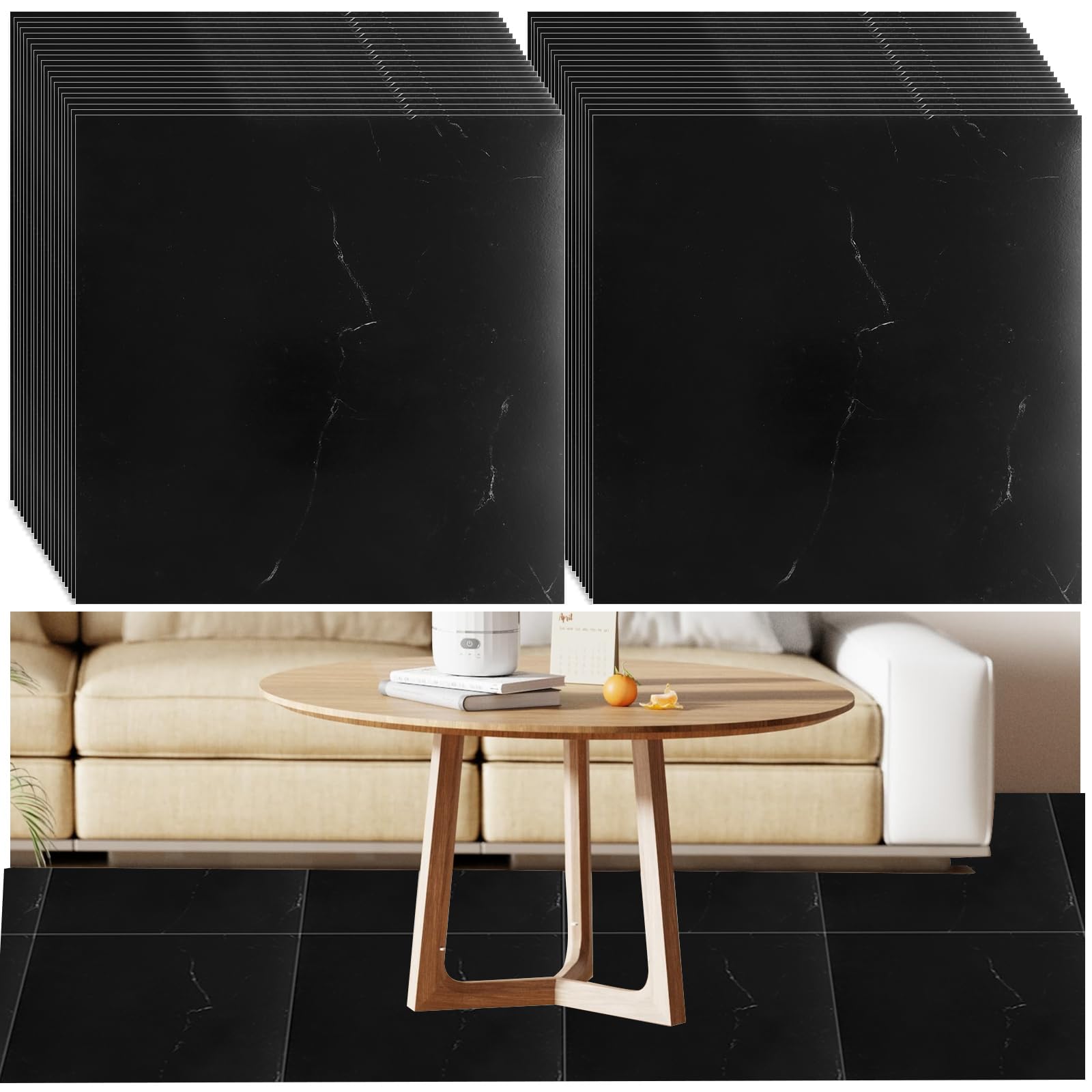 Black Marble Vinyl Floor Tiles - 40Pcs Peel and Stick