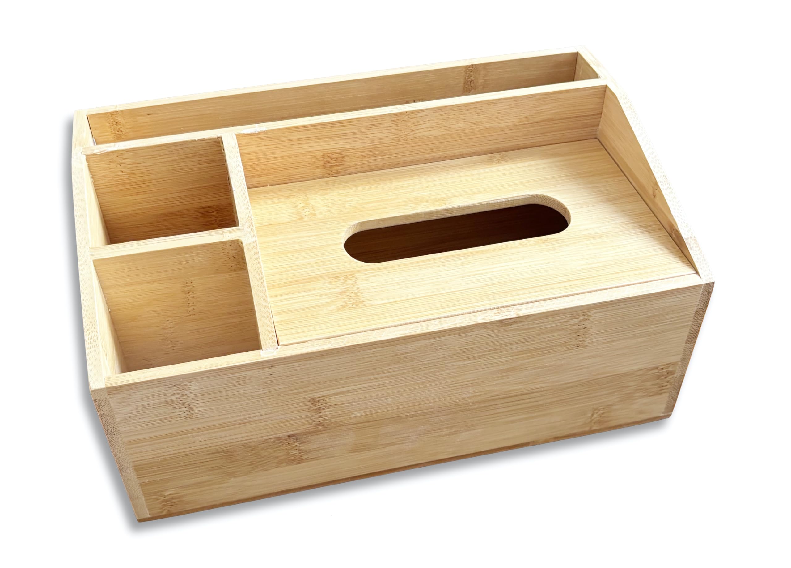 Jolof Store Bamboo Tissue Box Holder – 4 Compartment Desk Organiser