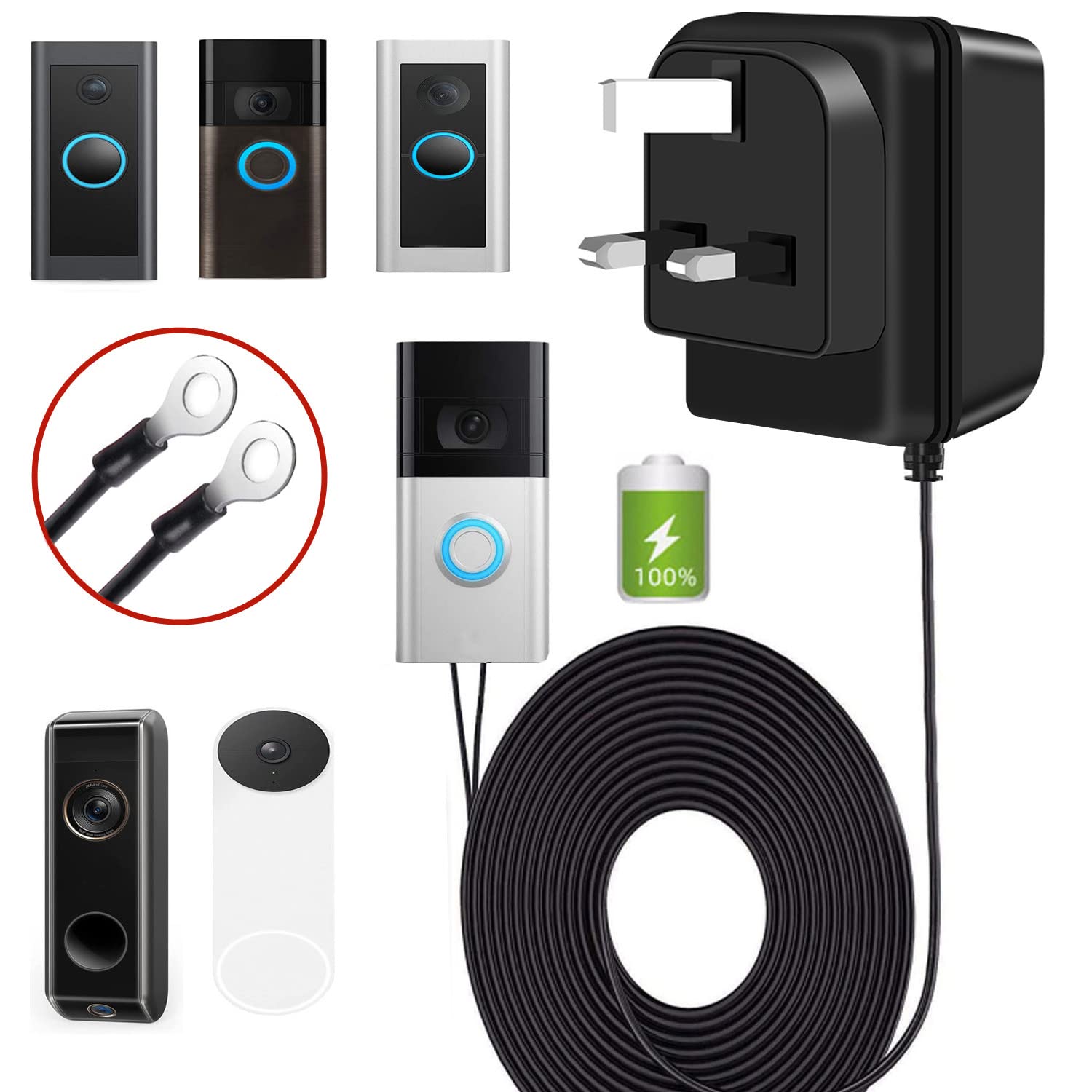 Xzgm 24V 500MA Video Doorbell Power Adapter with 10M Cable - Black