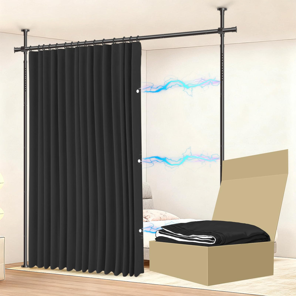 JILRON ROOM DIVIDER CURTAIN COMPLETE SET 1 BLACK CURTAIN: H 213cm x W 270cm POLE: H109-305cm x W89-254cm Ideal for Rental Homes
