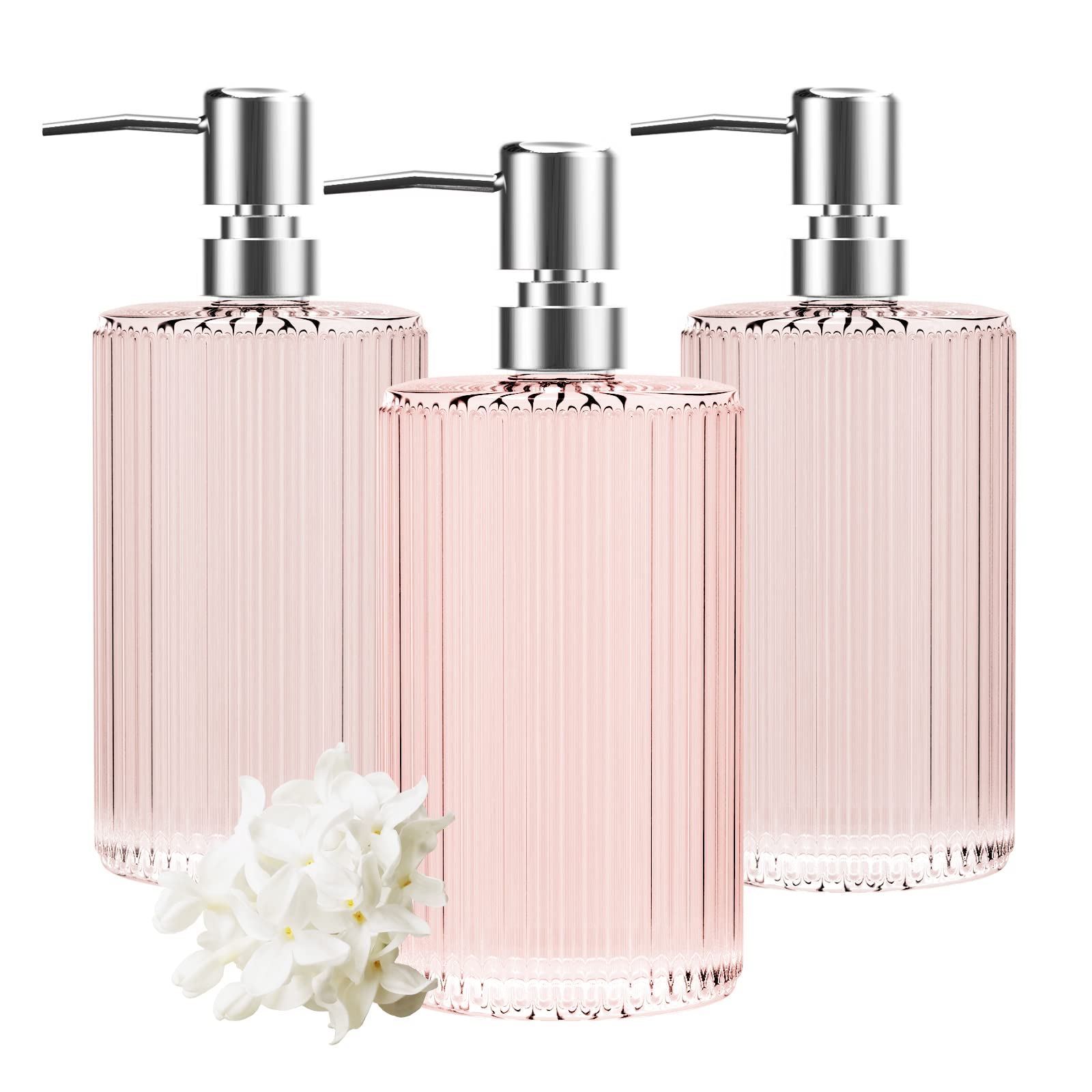 HIYAA 3-Pack Glass Soap Dispenser Set - 17oz Pink Refillable Lotion Pumps