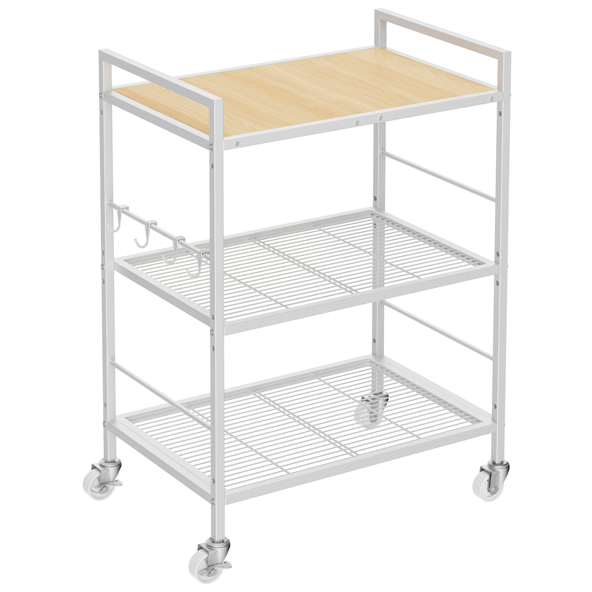3-Tier kitchen trolley,Oak Wood Top,60W×40Dcm,4 Hooks, Adjustable Shelves - image 1