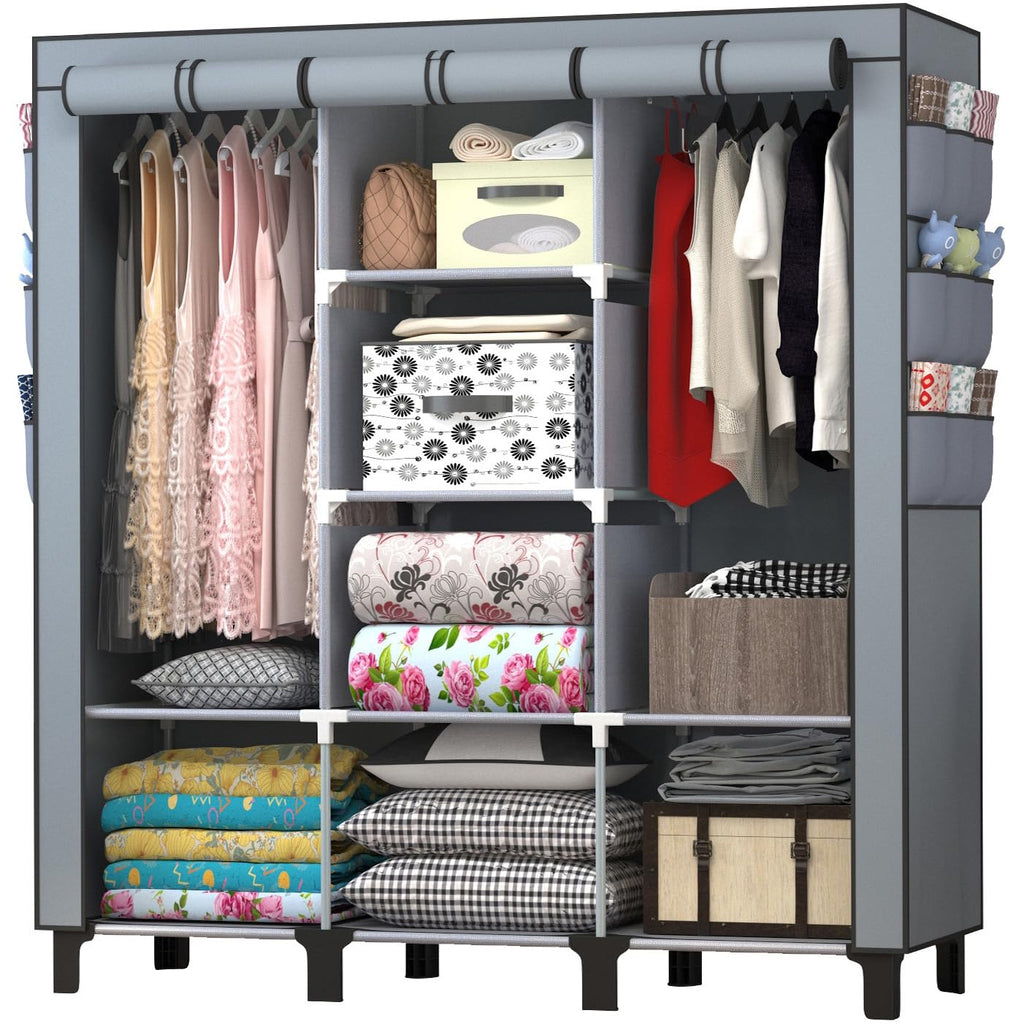 chunyangjingpin Portable Closet with 2 Hanging Rails & 8 Shelves, Bedroom Wardrobe with 18 Side Pockets, Foldable Garment Organiser Grey