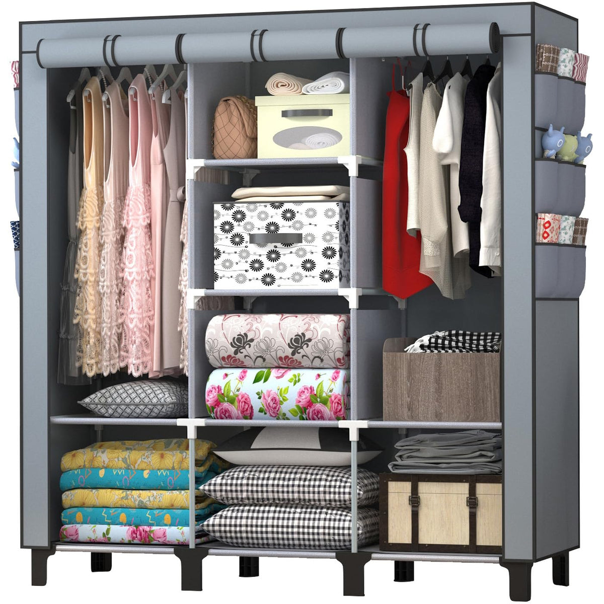 chunyangjingpin Portable Closet with 2 Hanging Rails & 8 Shelves, Bedroom Wardrobe with 18 Side Pockets, Foldable Garment Organiser Grey