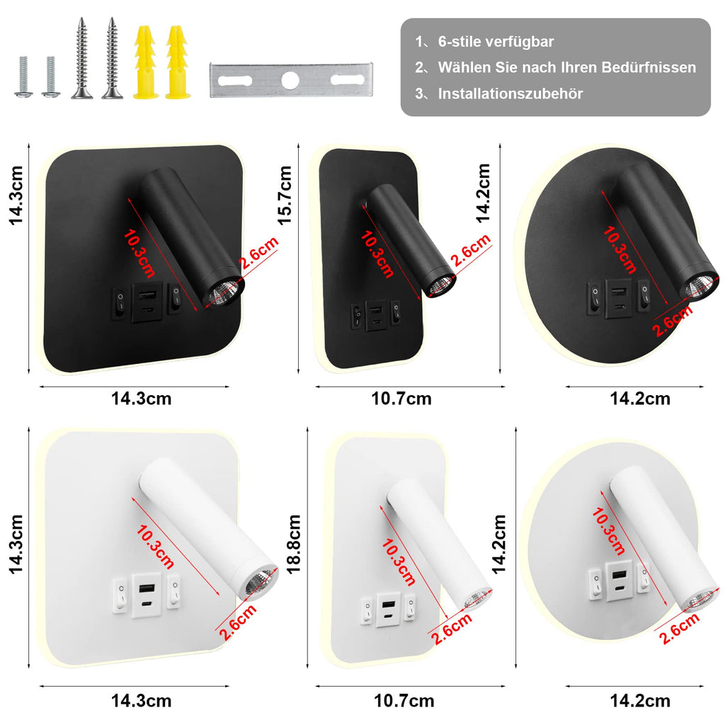 uksunvi LED Reading Lamp | 12W Wall Light with USB & Type-C Charging
