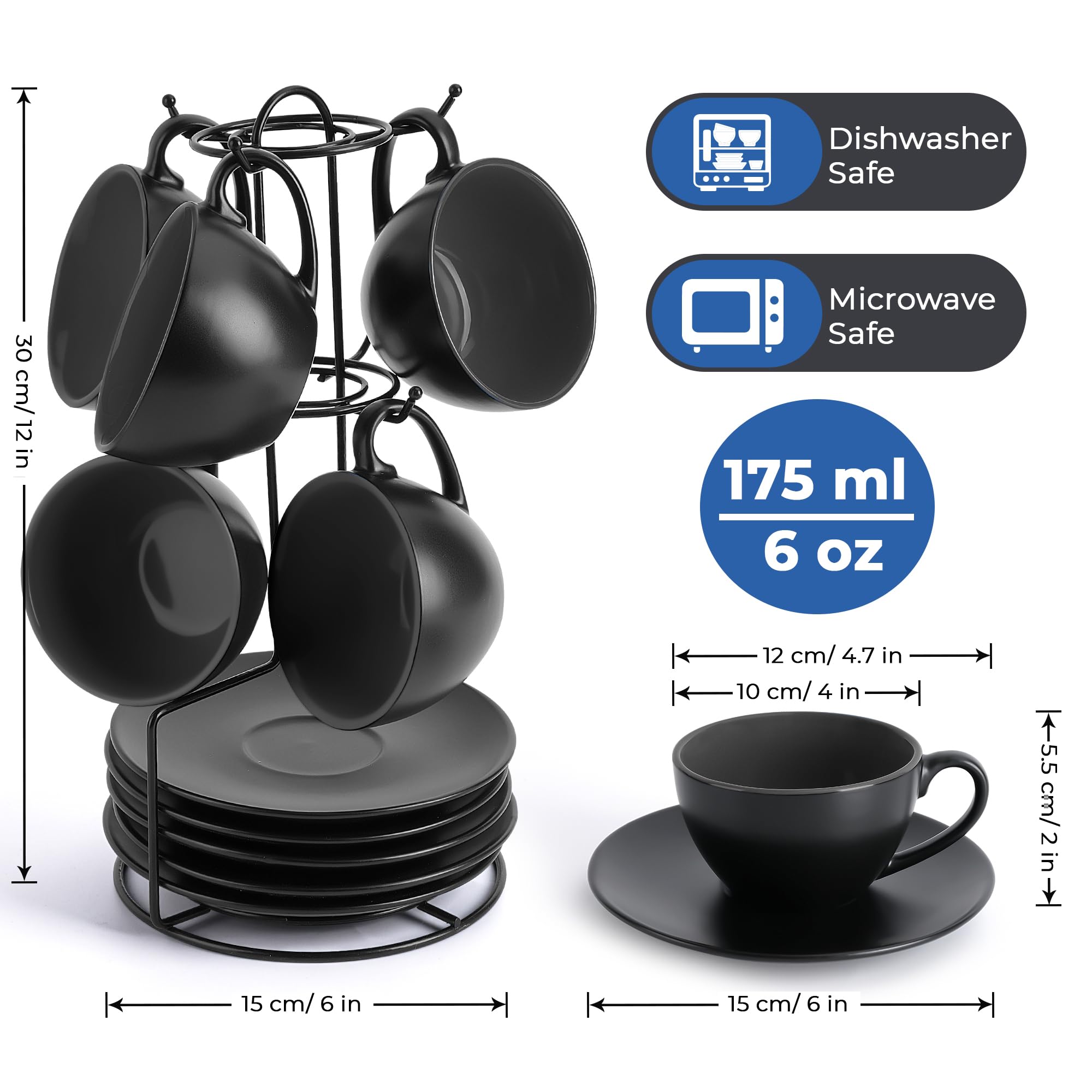 MIAMIO Ceramic Cappuccino Cups Set of 6 - 175ml Mugs with Stand & Saucers