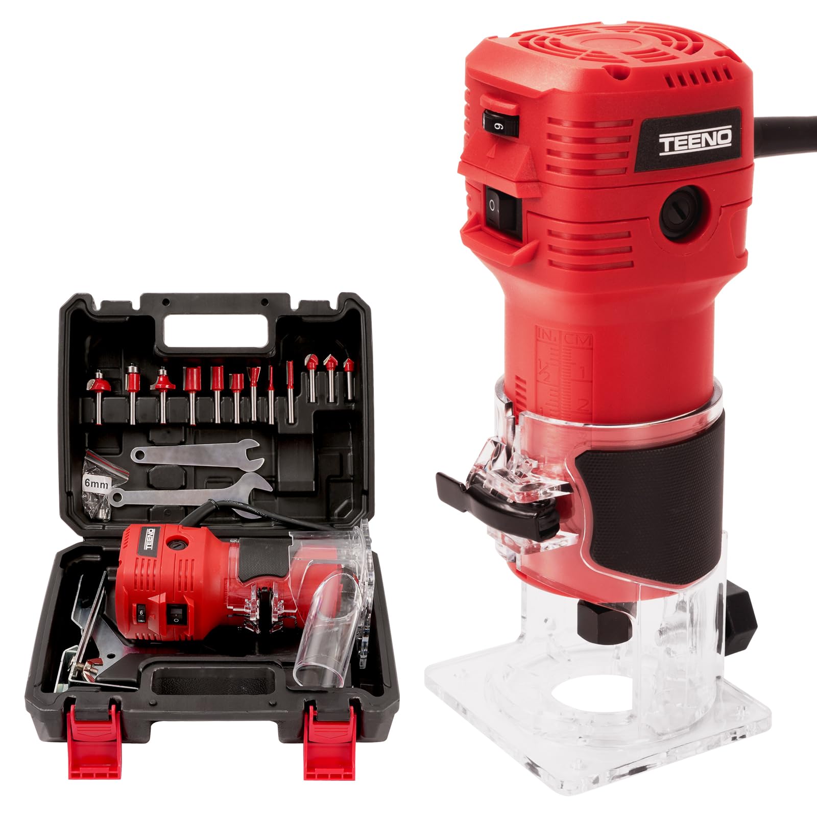TEENO 650W Electric Wood Router Trimmer with 12PCS Bit Set & Case