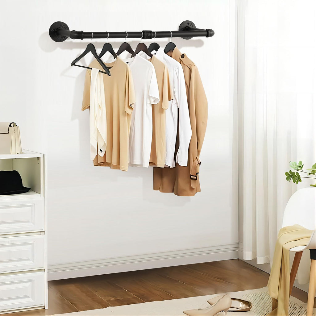 Industrial Pipe Wall Mount Clothes Rack, 97cm Black, 2 Pack