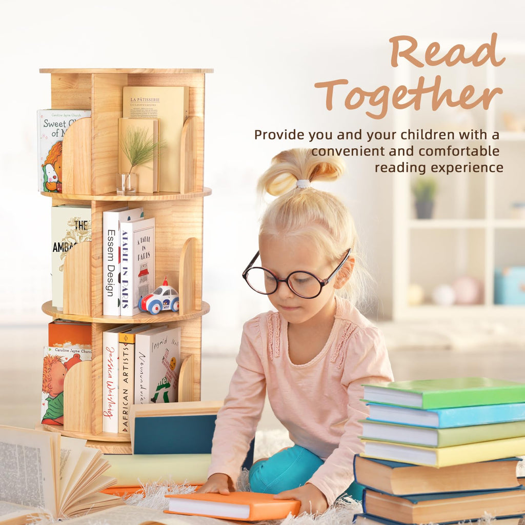 OOOK Solid Wood Rotating Bookshelf, 360 Degree 3 Tier Children's Revolving Bookcase, Kids Bookshelf for Small Space, Kids Room, Study, Nursery - image 4