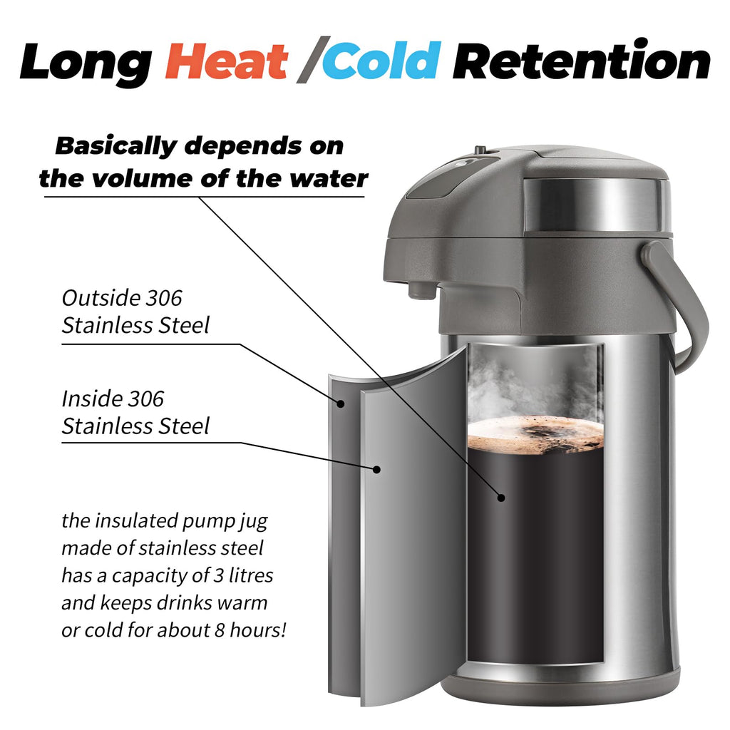 Olerd 3L Stainless Steel Coffee Airpot | Vacuum Insulated Beverage Dispenser
