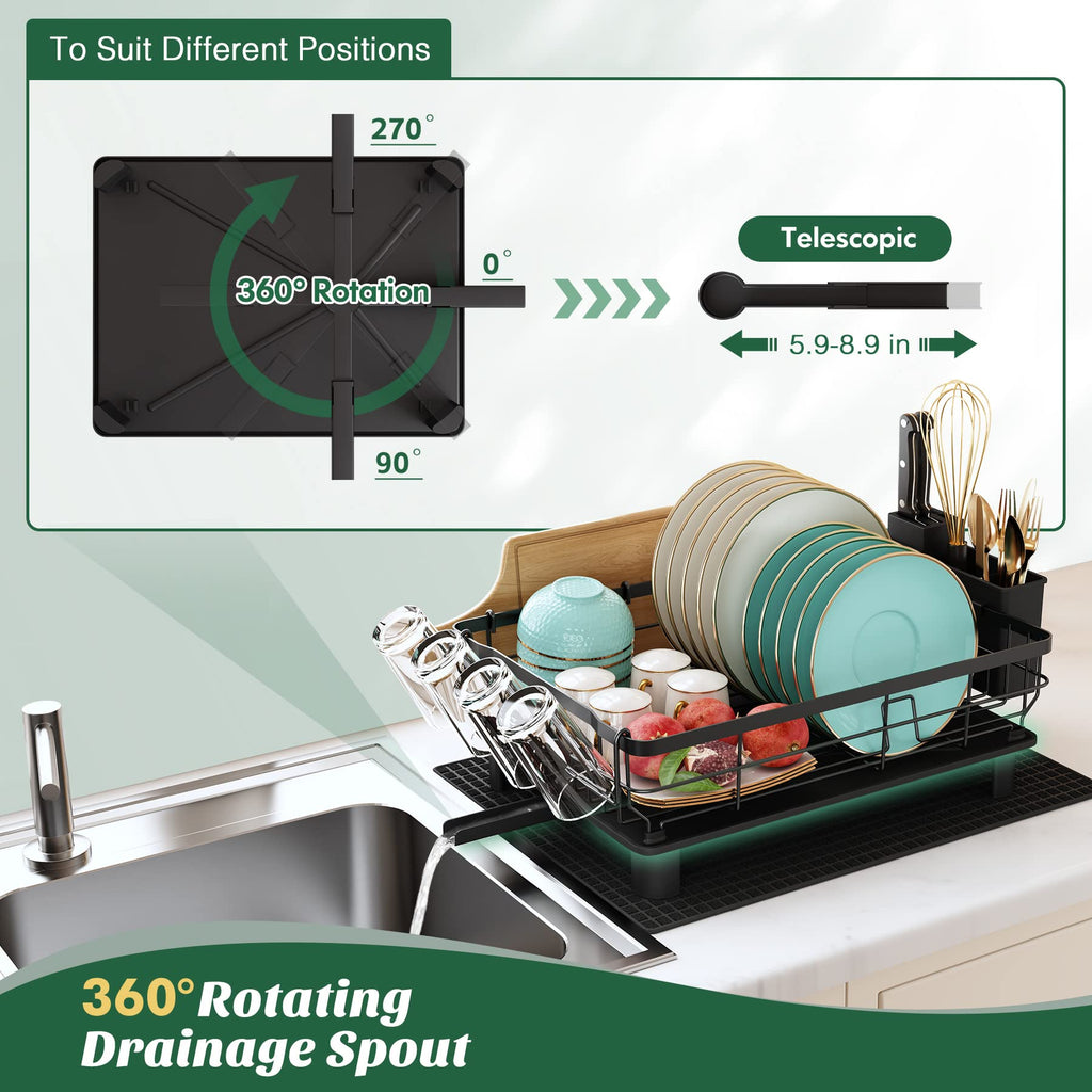 MAJALiS Stainless Steel Dish Drying Rack with 360° Swivel Spout | Black