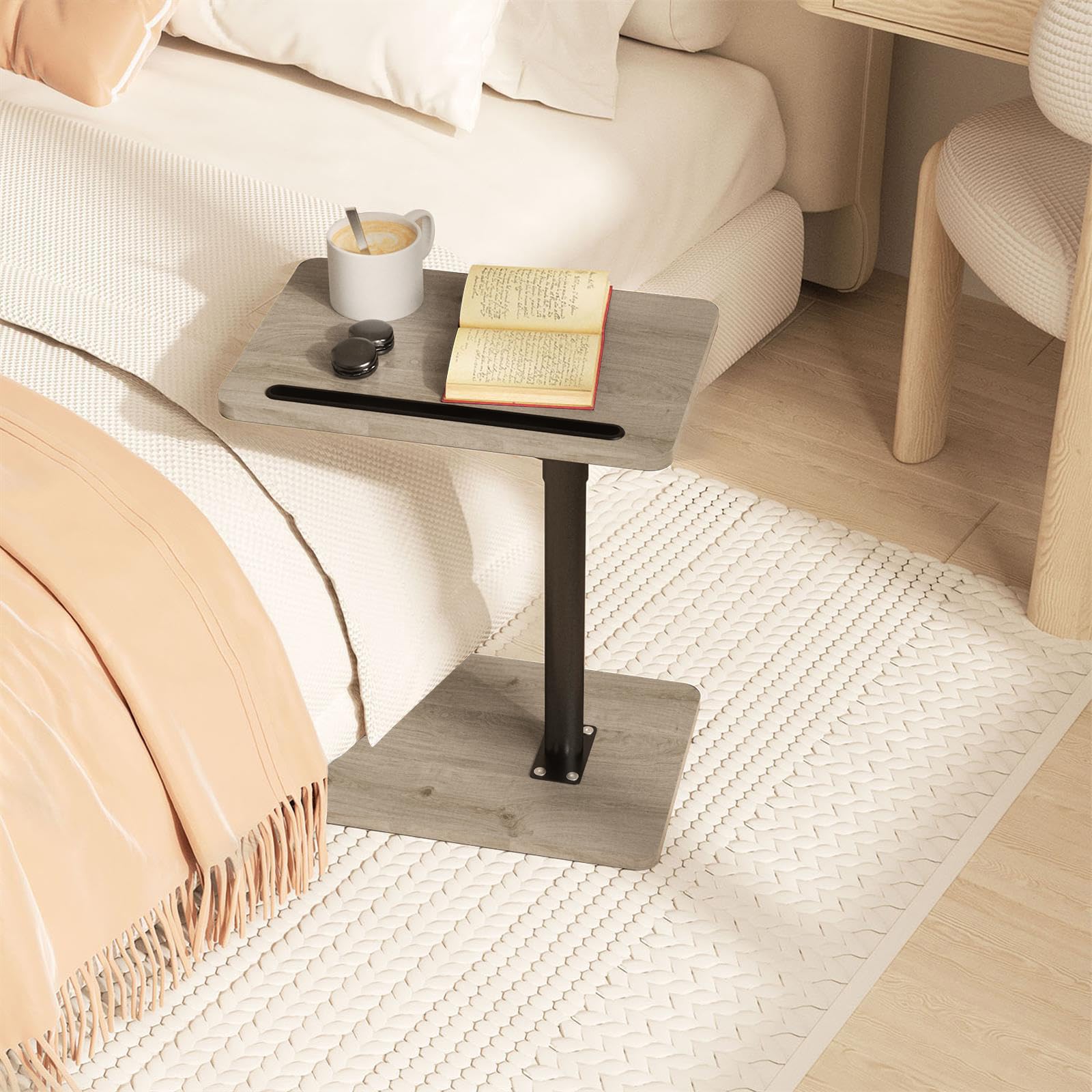 YUHFERA C-Shaped Side Table – 360° Swivel Height Adjustable Sofa Tray