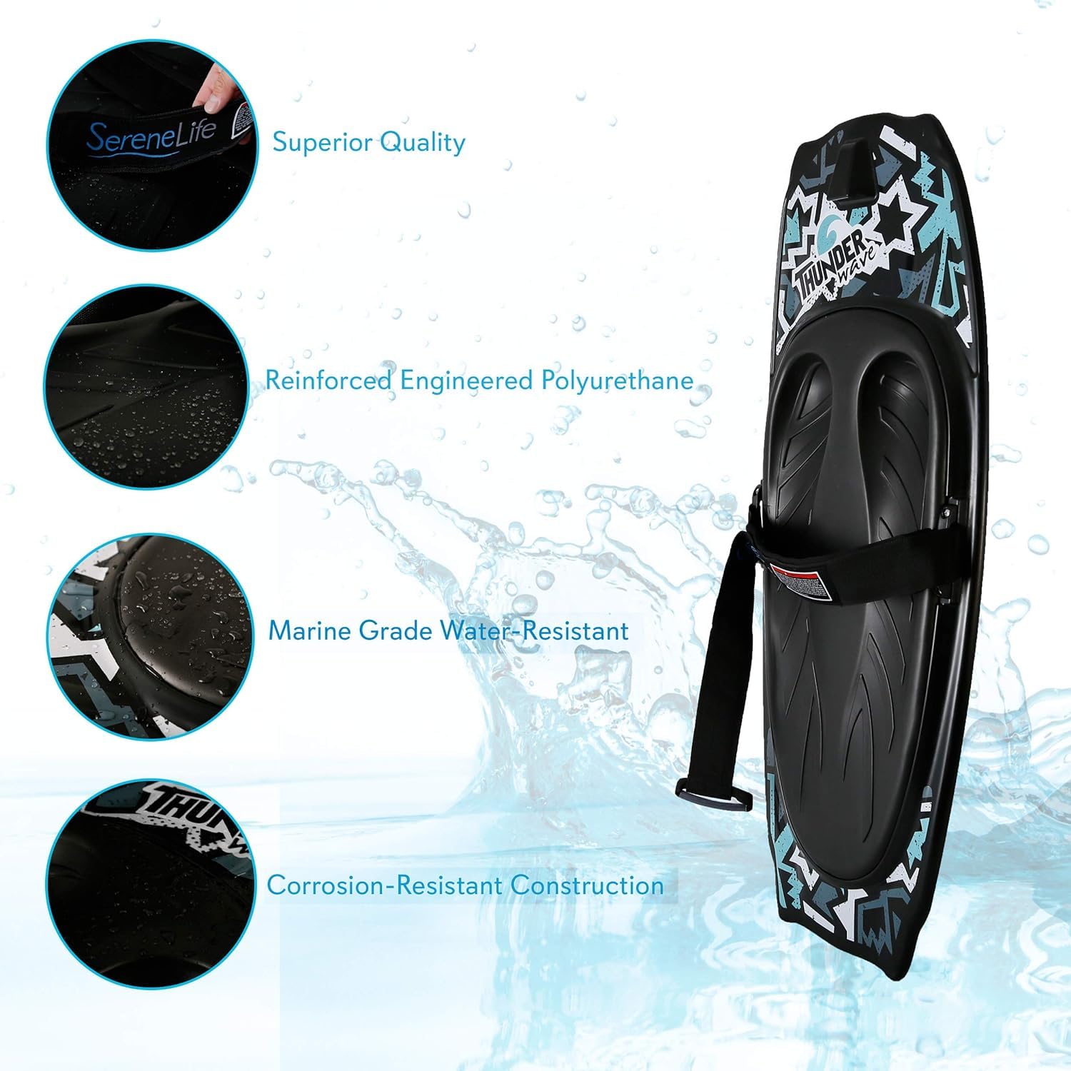 SereneLife Water Sport Kneeboard with Hook and Strap – Black/Blue
