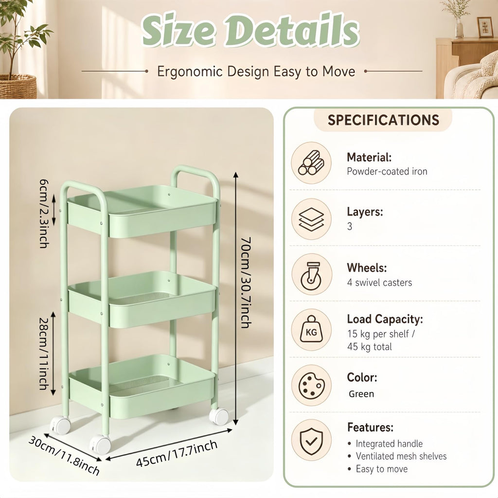 Siocok 3 Tier Metal Storage Trolley on Wheels, Storage Cart, Rolling Utility Cart, Easy Assembly for Home Kitchen, Bathroom Laundry and Office Green - image 2