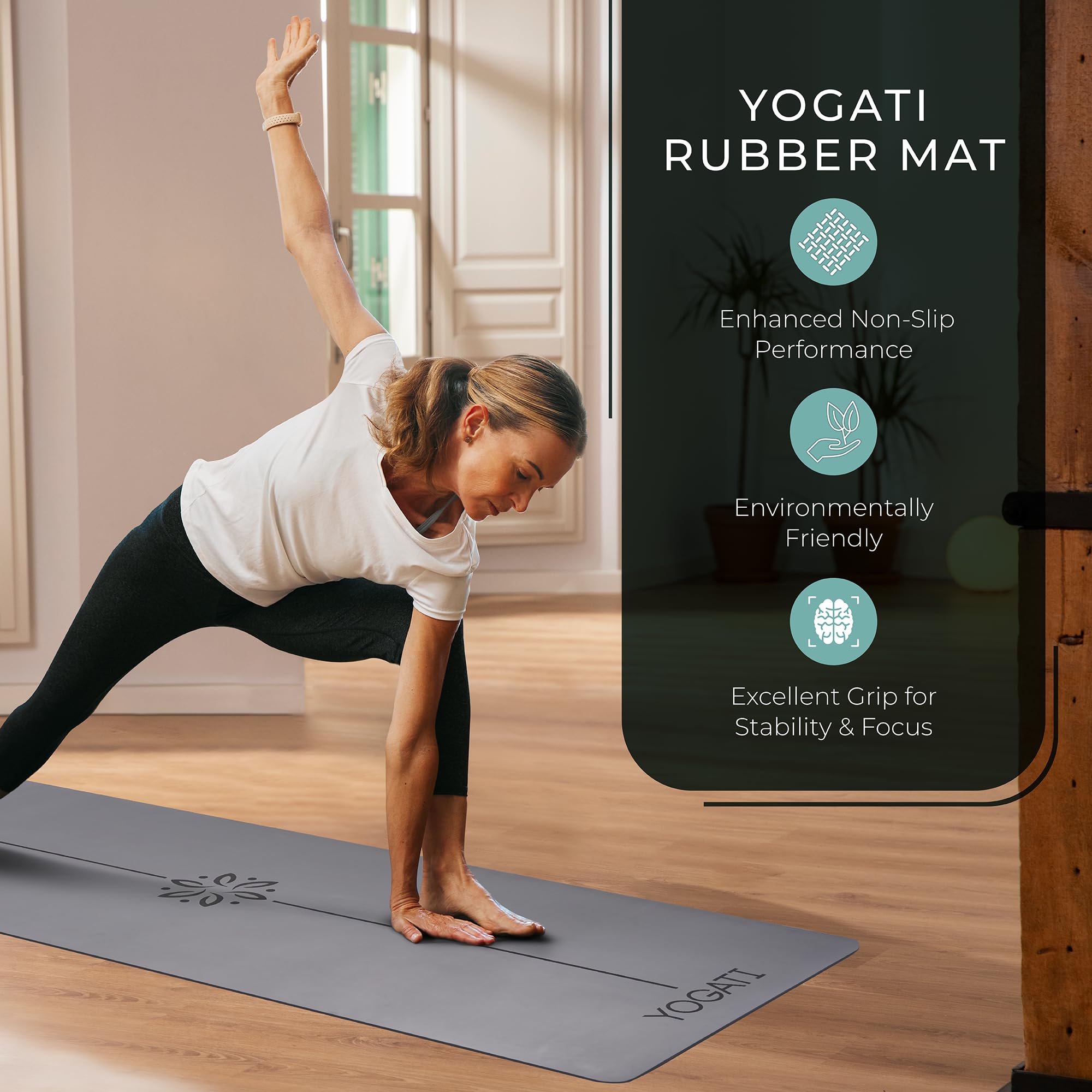 YOGATI Natural Rubber Yoga Mat – Non-Slip Exercise Mat with Alignment Lines