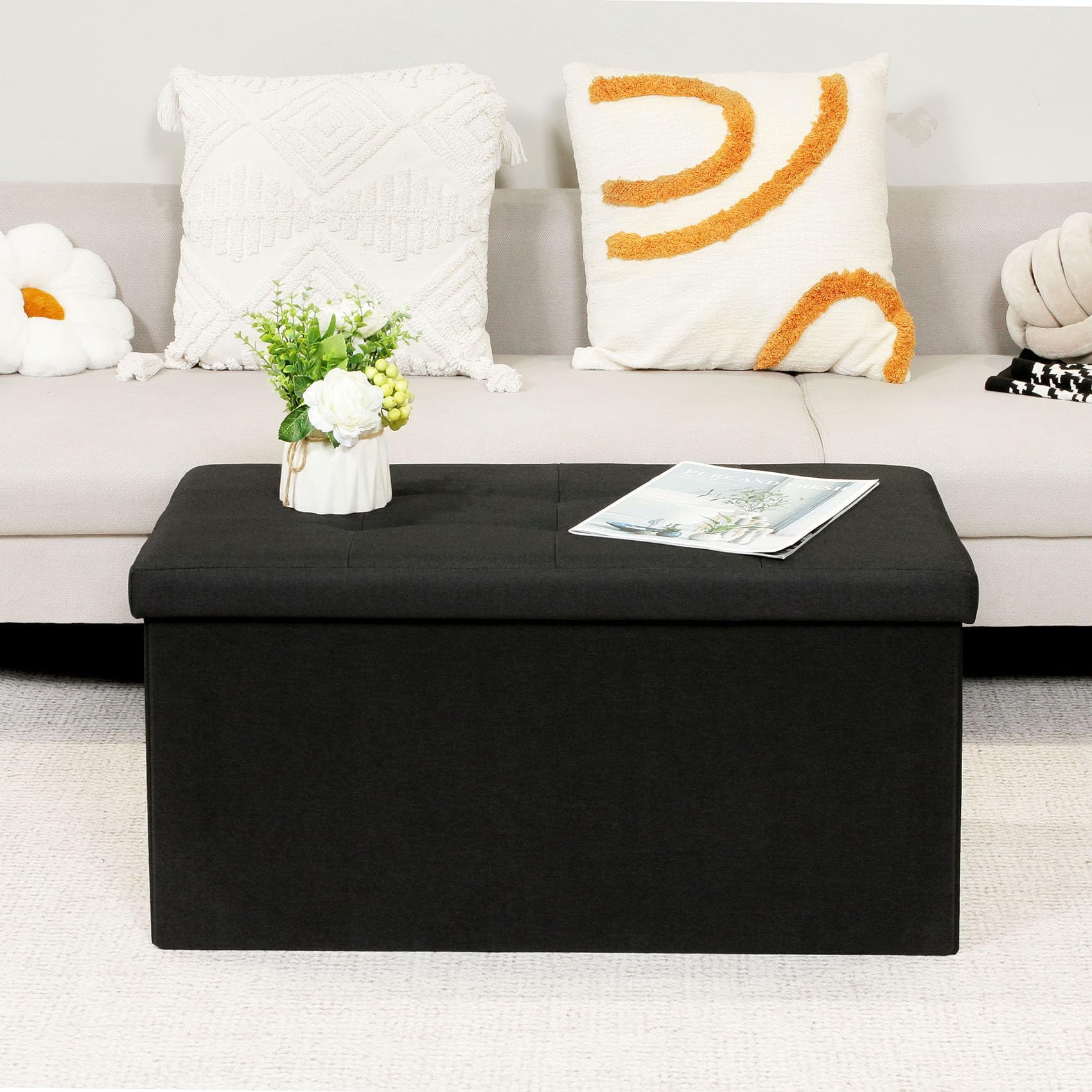 Bonlife Large Folding Storage Ottoman | Linen Footrest Bench - Black
