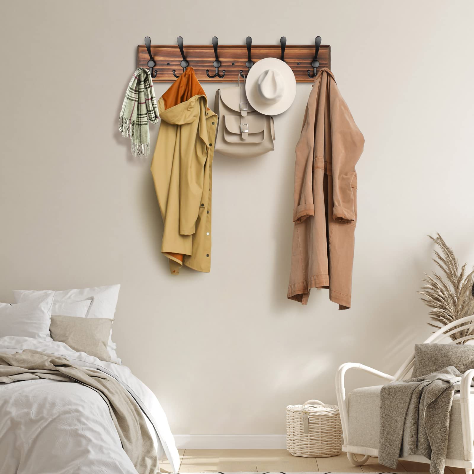 PHINGEER Wall Mounted Coat Rack – 6 Triple Hooks Heavy Duty Pine Wood