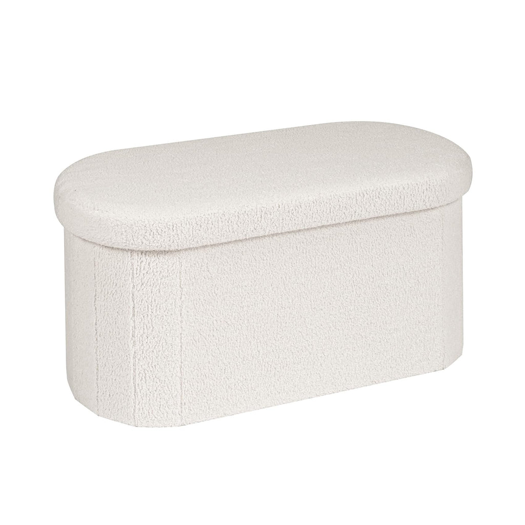 Bonlife White Boucle Folding Ottoman Storage Bench – 76cm Oval Footstool