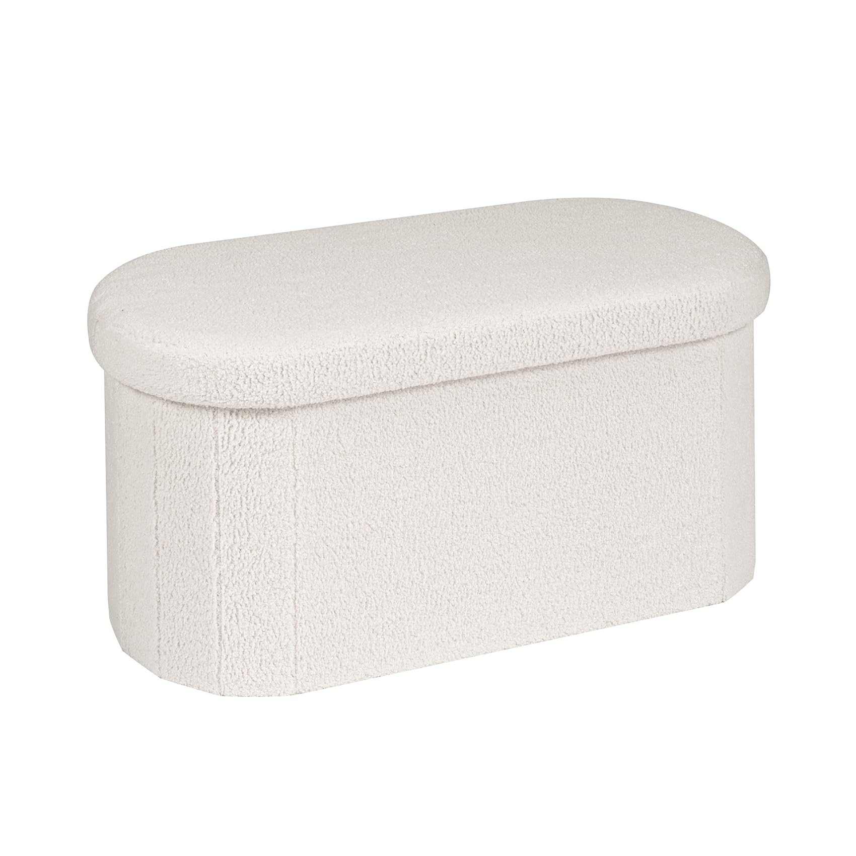 Bonlife White Boucle Folding Ottoman Storage Bench – 76cm Oval Footstool