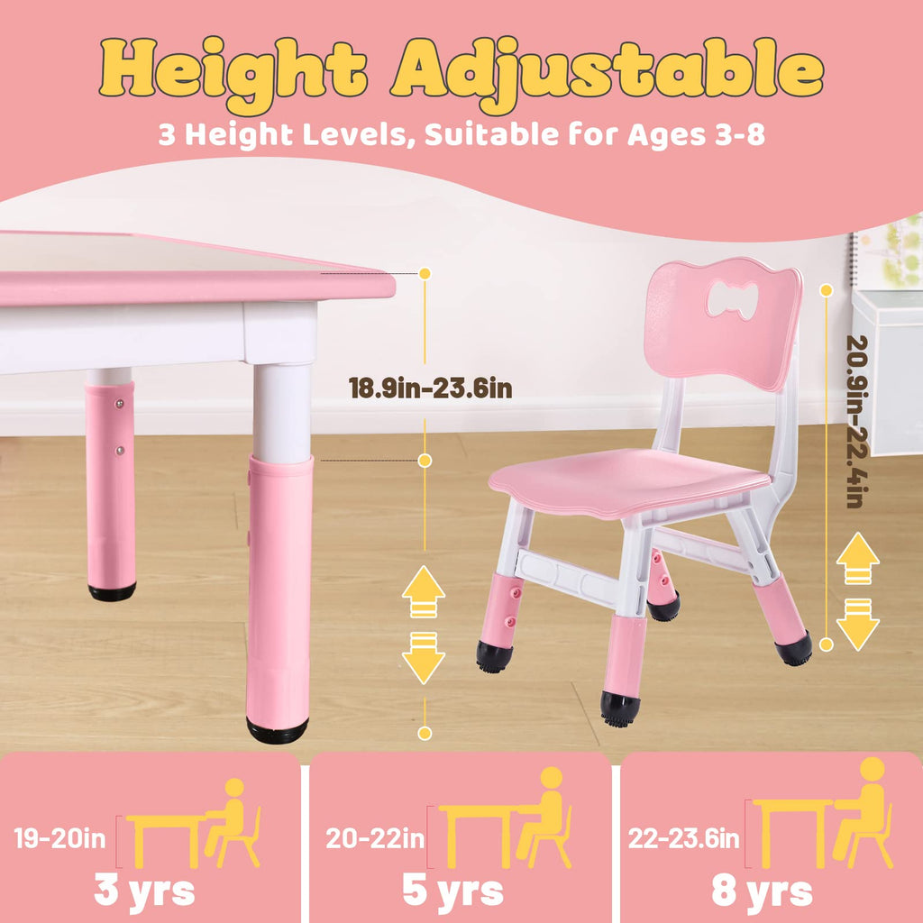 FUNLIO Height Adjustable Kids Table and 2 Chairs Set | Ages 3-8 | Pink
