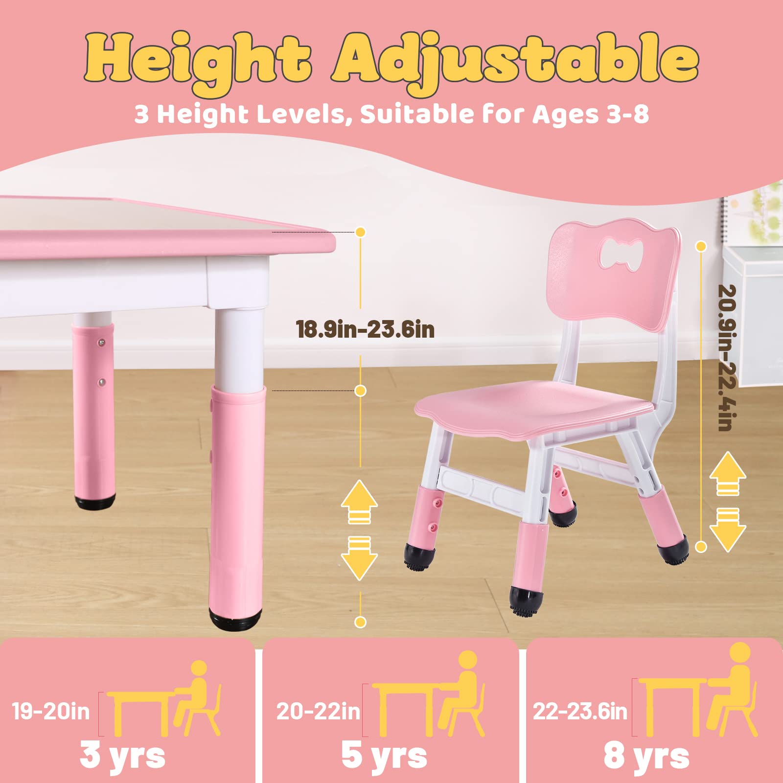 FUNLIO Height Adjustable Kids Table and 2 Chairs Set | Ages 3-8 | Pink