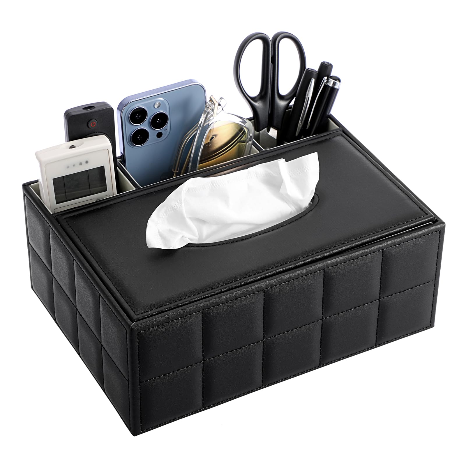 BTSKY PU Leather Desk Organizer - Rectangular Tissue Box & Remote Holder