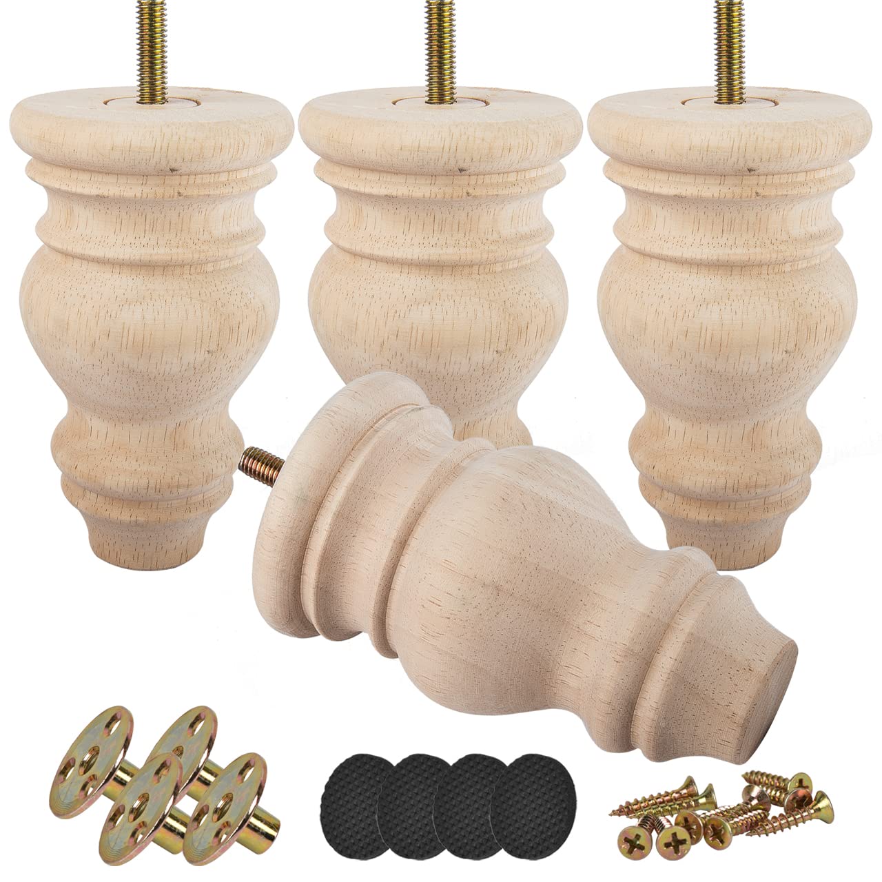 Btowin 4.8" Unfinished Wooden Bun Furniture Legs with M8 Bolts - 4 Pack