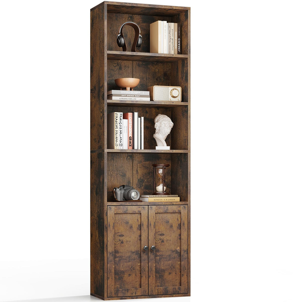 Coleshome 6-Tier Bookcase With Doors, Storage Cabinet, 176.4 cm, Brown - image 2